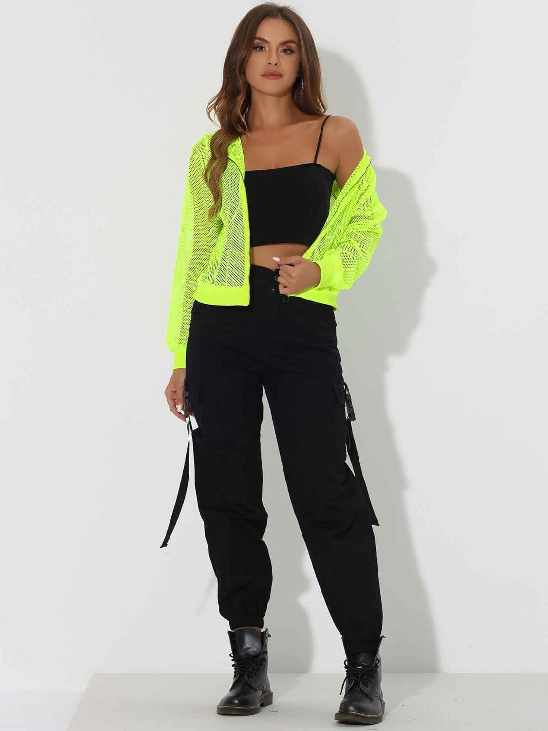 imageAllegra K Hoodie Jacket for Womens 2024 Zip Up Long Sleeve Mesh Sheer Bomber JacketsNeon Yellow