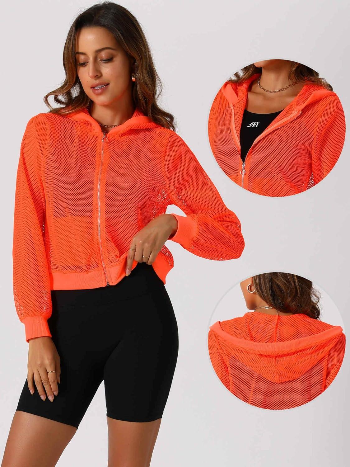 imageAllegra K Hoodie Jacket for Womens 2024 Zip Up Long Sleeve Mesh Sheer Bomber JacketsOrange