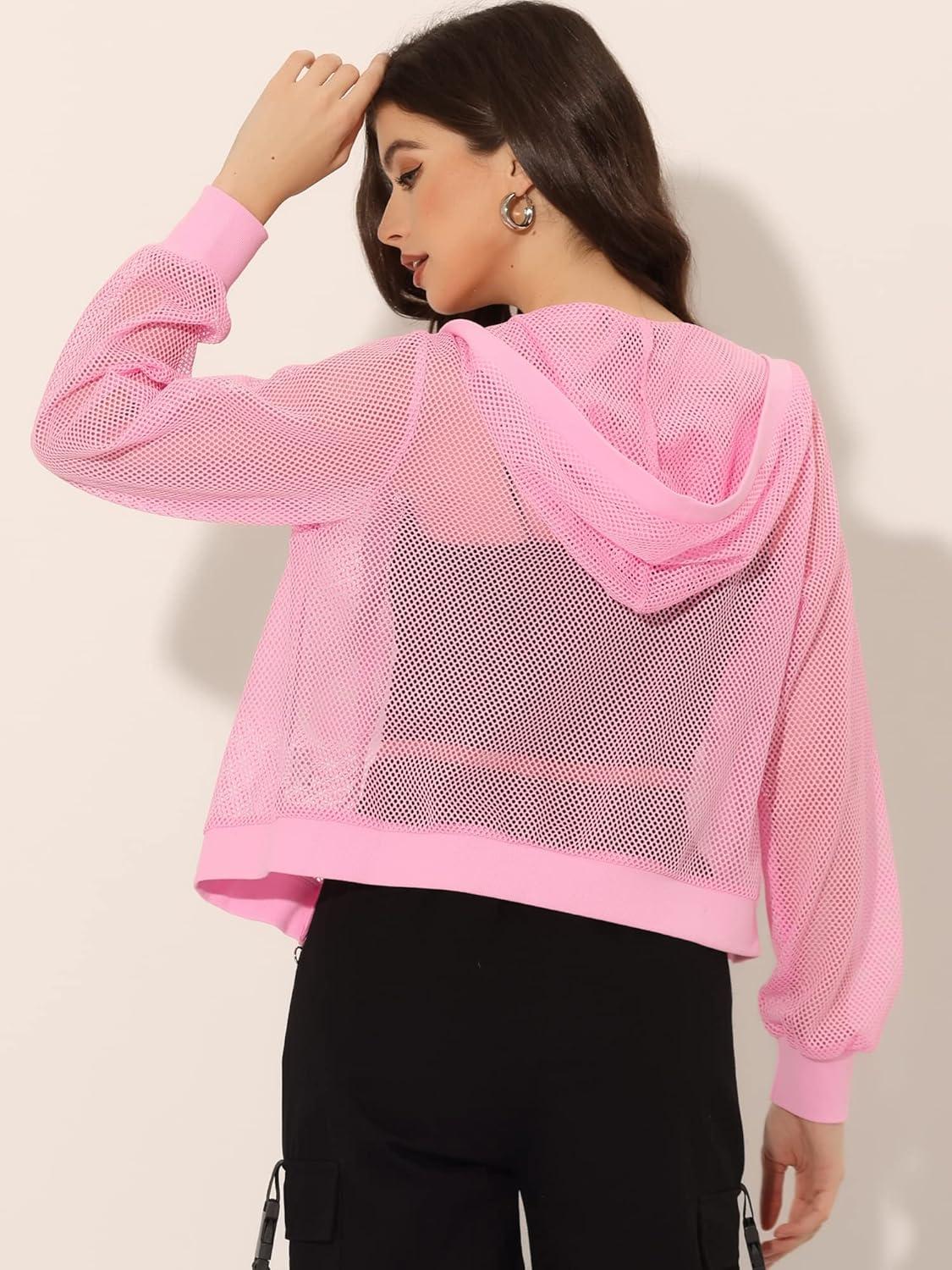 imageAllegra K Hoodie Jacket for Womens 2024 Zip Up Long Sleeve Mesh Sheer Bomber JacketsPink