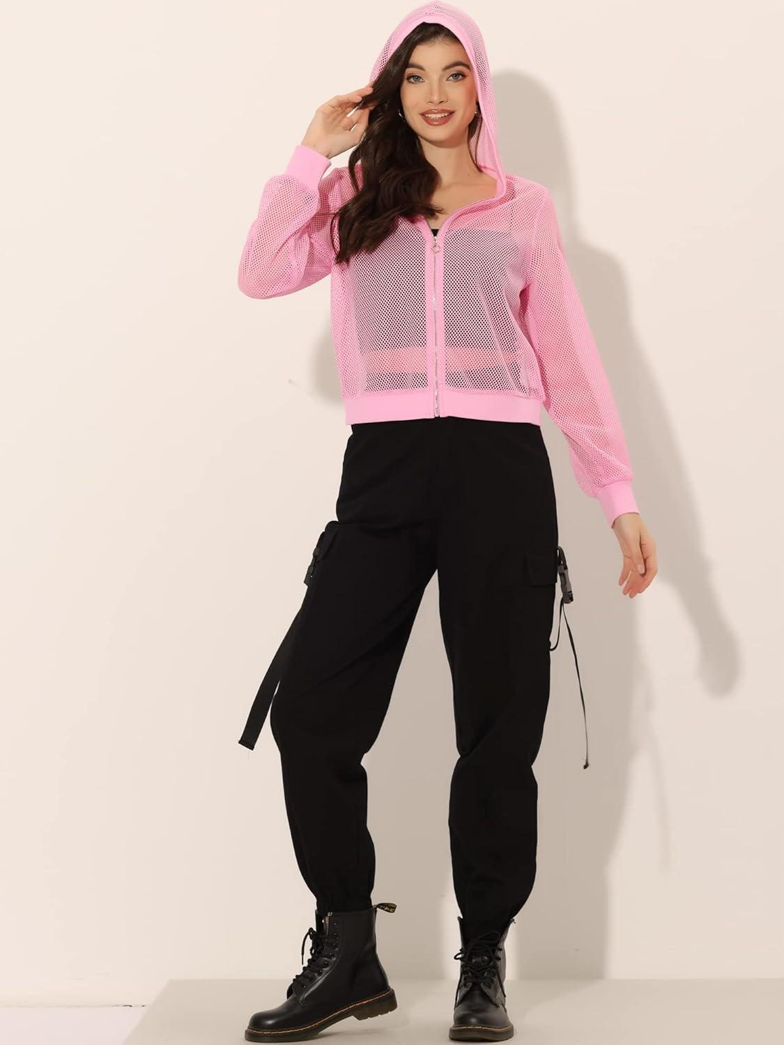 imageAllegra K Hoodie Jacket for Womens 2024 Zip Up Long Sleeve Mesh Sheer Bomber JacketsPink