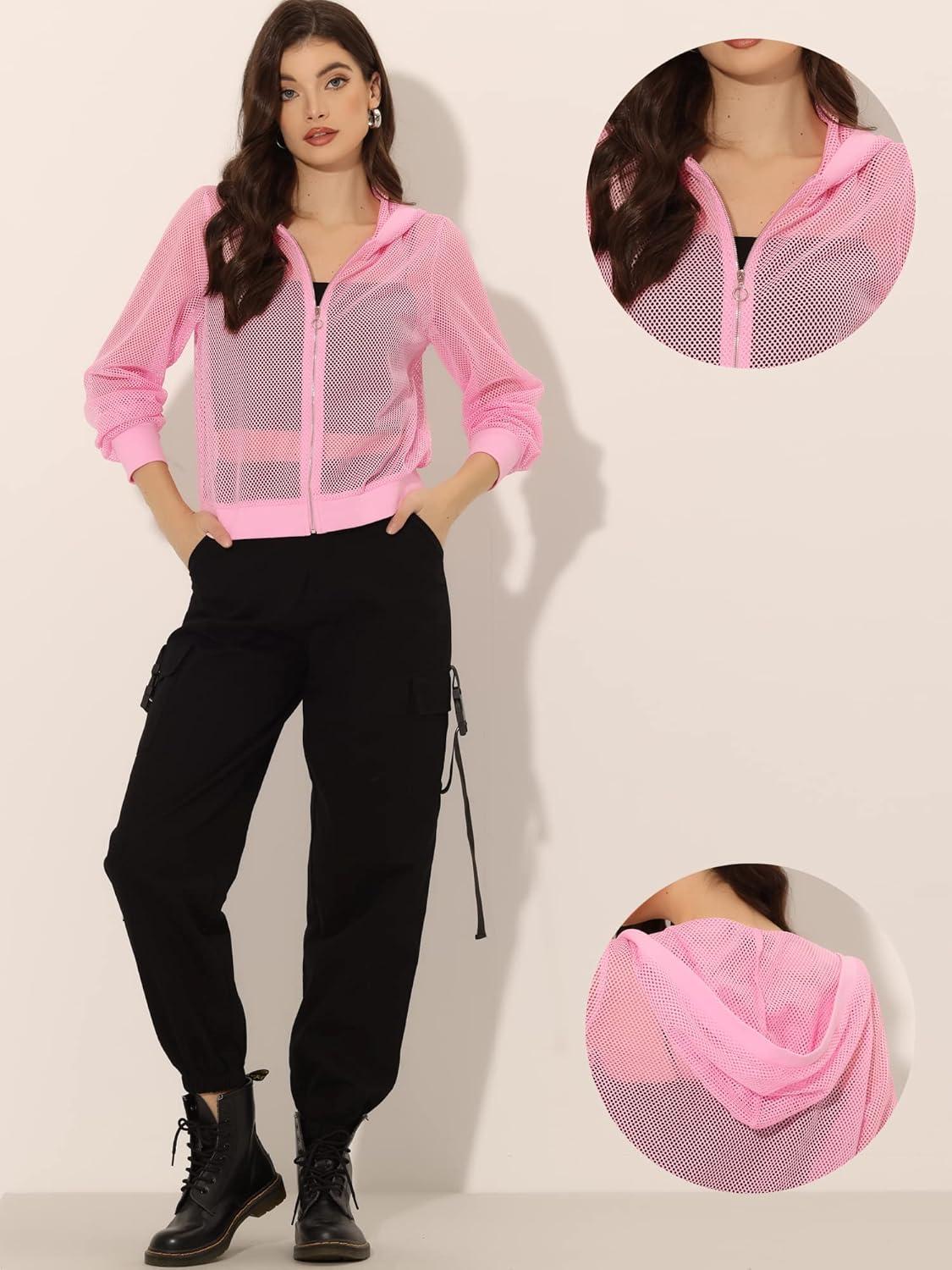 imageAllegra K Hoodie Jacket for Womens 2024 Zip Up Long Sleeve Mesh Sheer Bomber JacketsPink