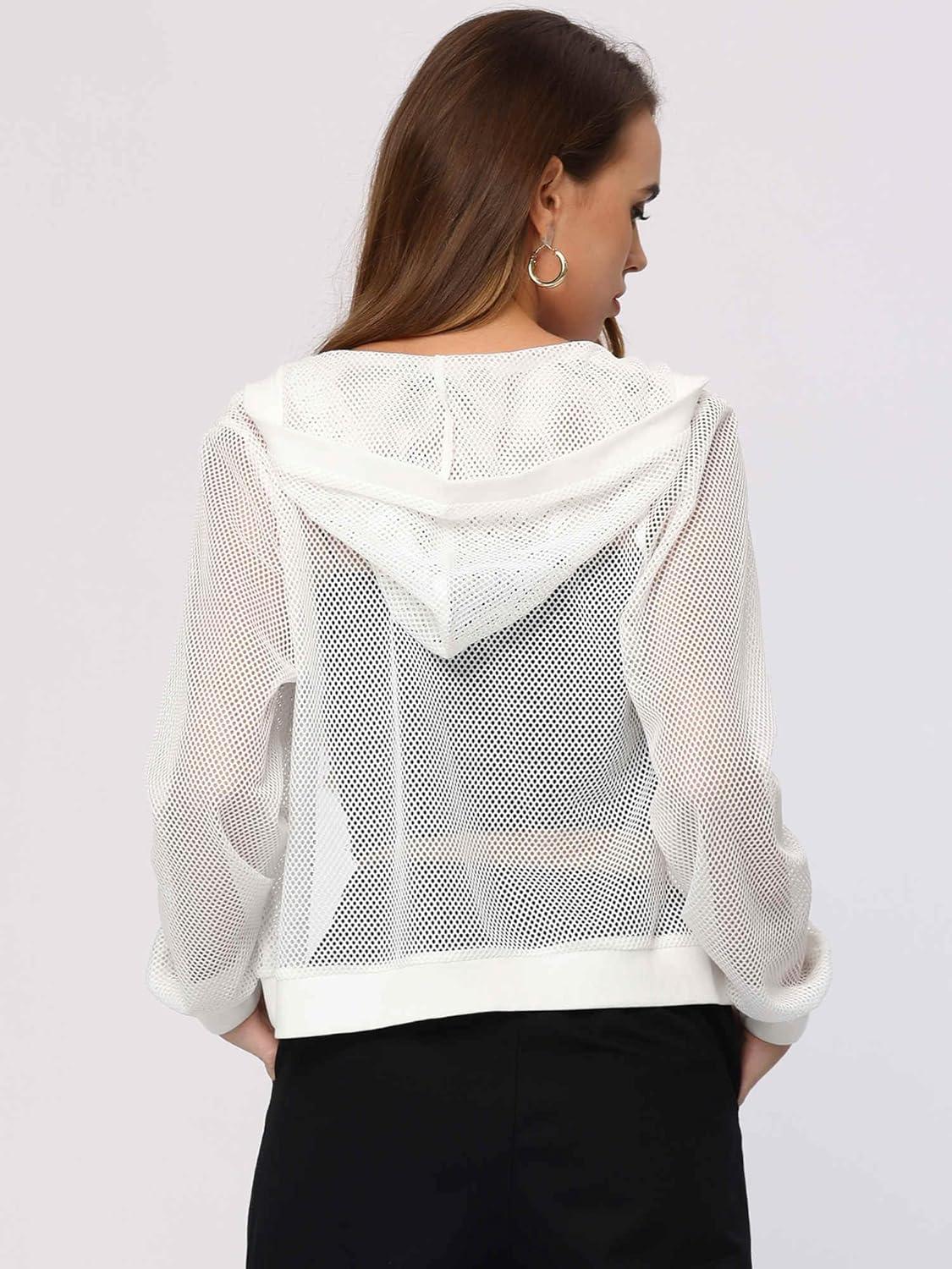 imageAllegra K Hoodie Jacket for Womens 2024 Zip Up Long Sleeve Mesh Sheer Bomber JacketsWhite