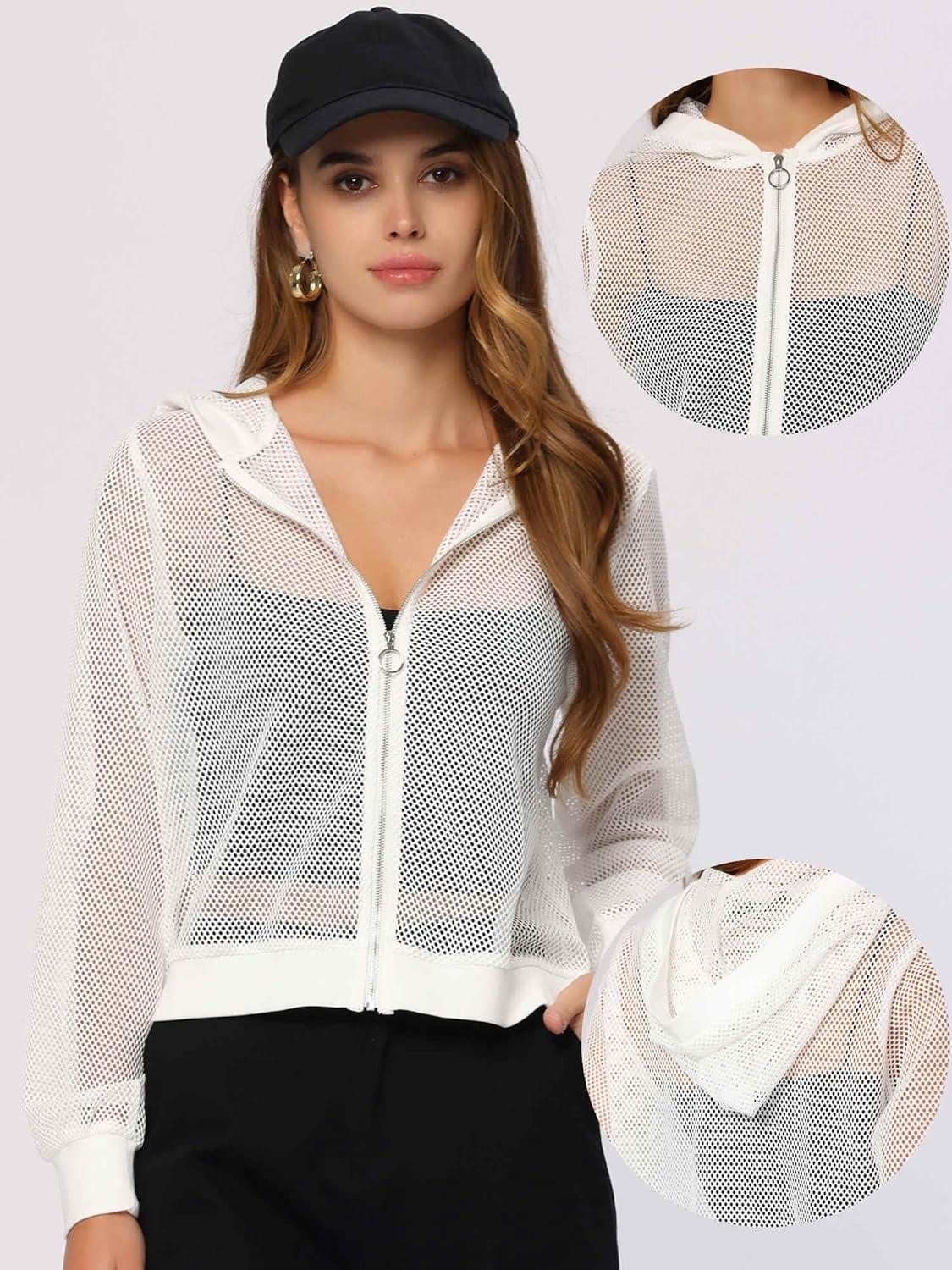 imageAllegra K Hoodie Jacket for Womens 2024 Zip Up Long Sleeve Mesh Sheer Bomber JacketsWhite