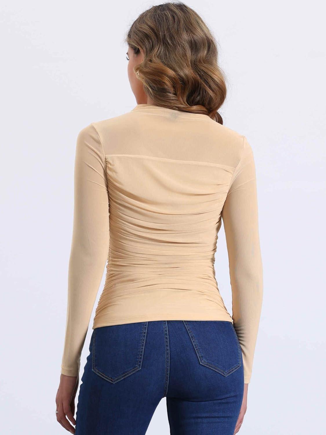 imageAllegra K Mesh Top Women Sheer Long Sleeve Mock Neck Slim Fit Shirts Trendy Fall Outfit Ruched Going Out TopsApricots