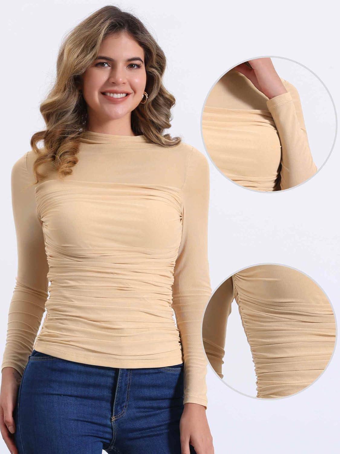 imageAllegra K Mesh Top Women Sheer Long Sleeve Mock Neck Slim Fit Shirts Trendy Fall Outfit Ruched Going Out TopsApricots