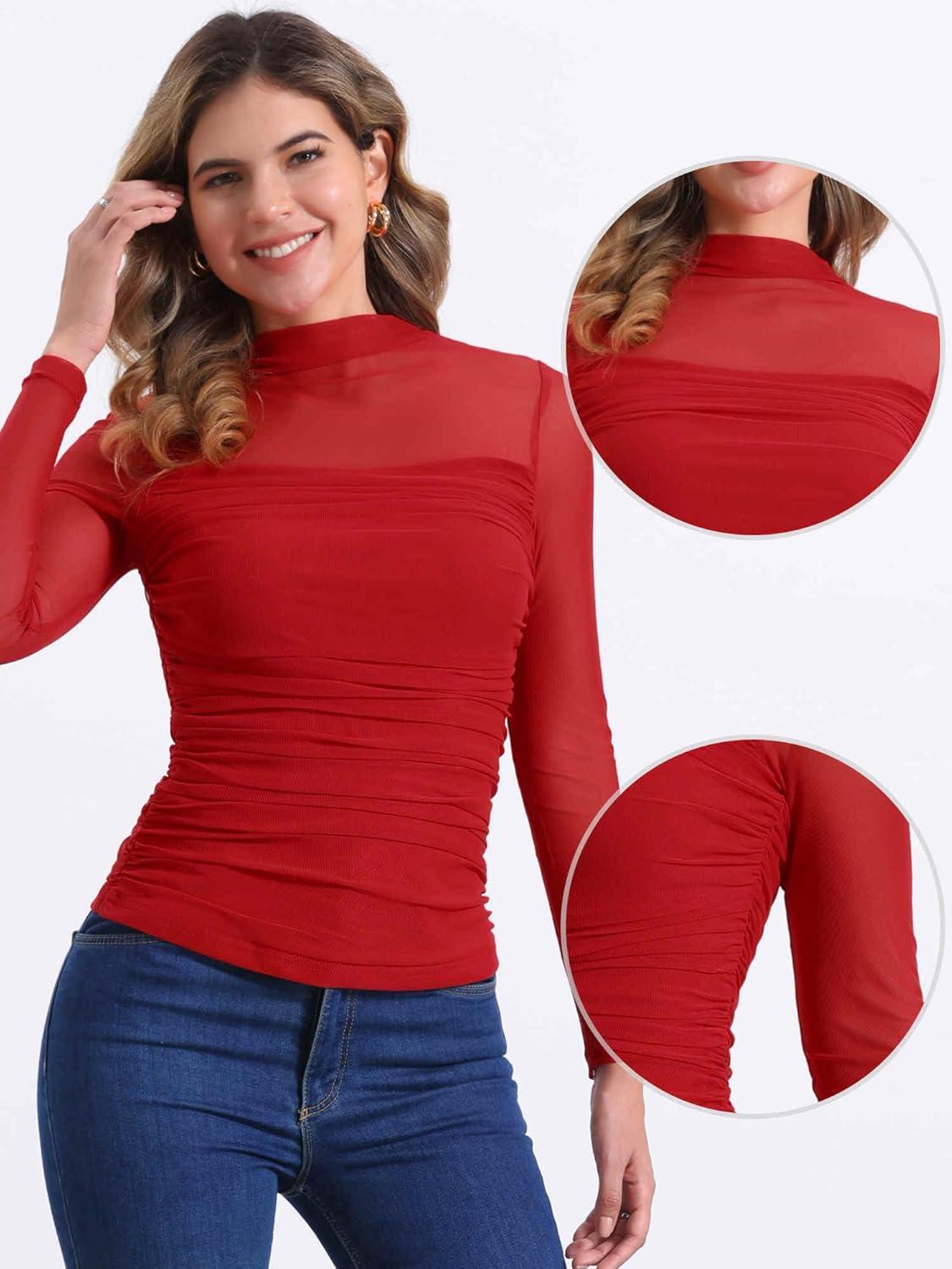 imageAllegra K Mesh Top Women Sheer Long Sleeve Mock Neck Slim Fit Shirts Trendy Fall Outfit Ruched Going Out TopsReds