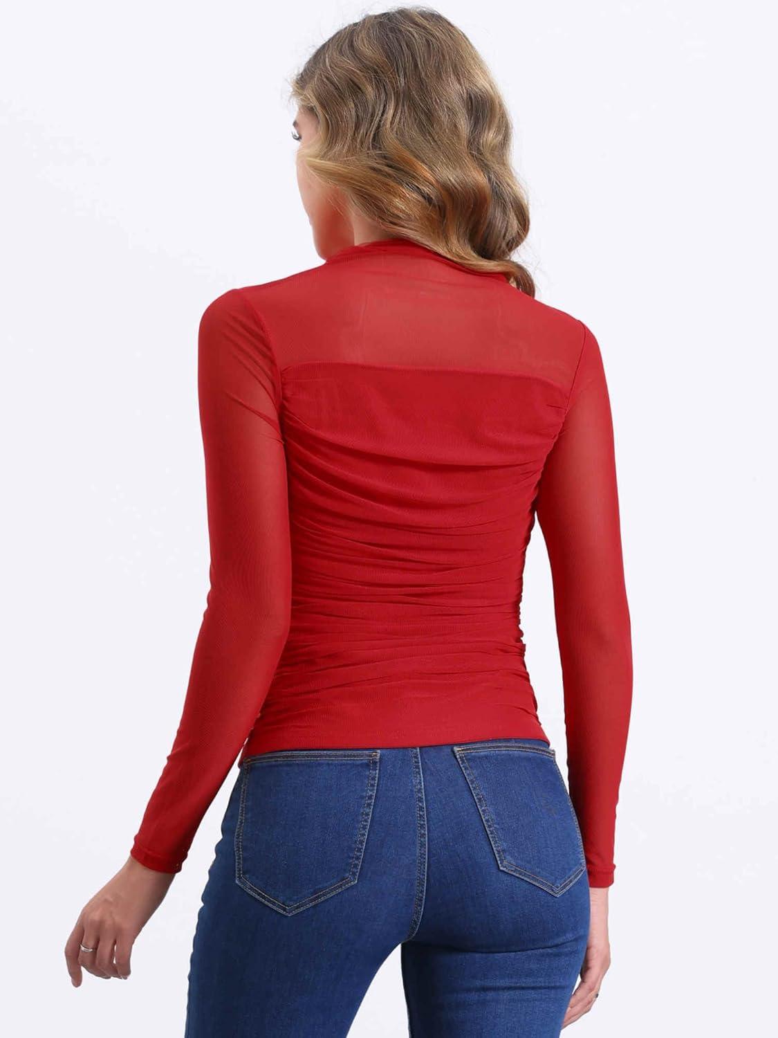 imageAllegra K Mesh Top Women Sheer Long Sleeve Mock Neck Slim Fit Shirts Trendy Fall Outfit Ruched Going Out TopsReds