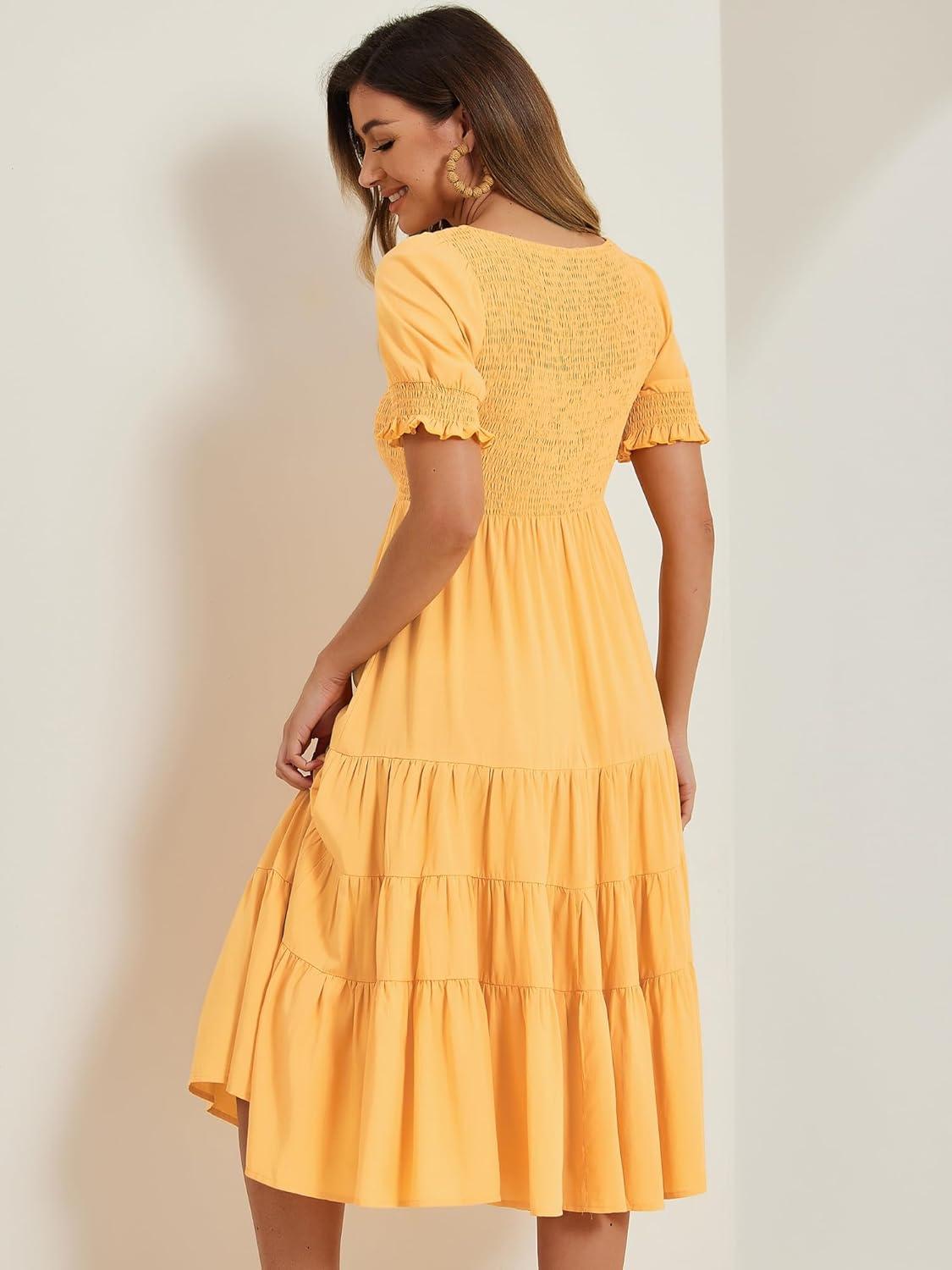 imageAllegra K Peasant Smocked Dress for Womens Short Sleeve Midi Summer Casual Tiered ALine DressLight Orange