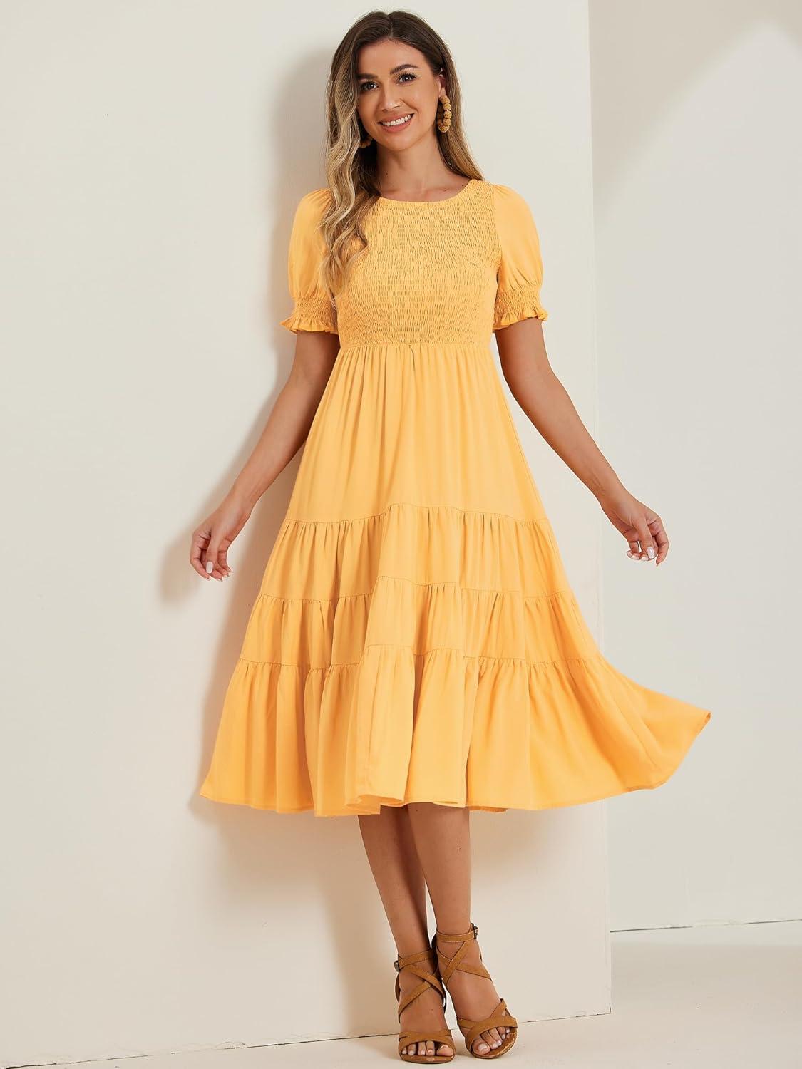 imageAllegra K Peasant Smocked Dress for Womens Short Sleeve Midi Summer Casual Tiered ALine DressLight Orange