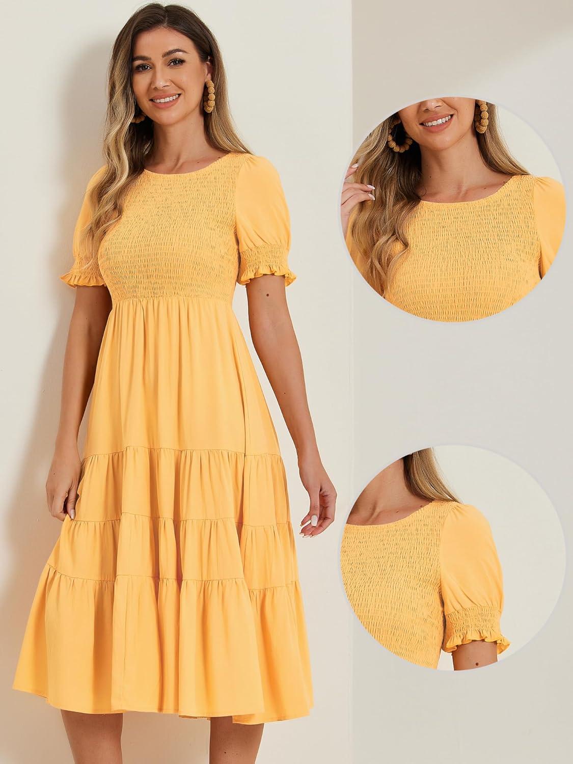 imageAllegra K Peasant Smocked Dress for Womens Short Sleeve Midi Summer Casual Tiered ALine DressLight Orange