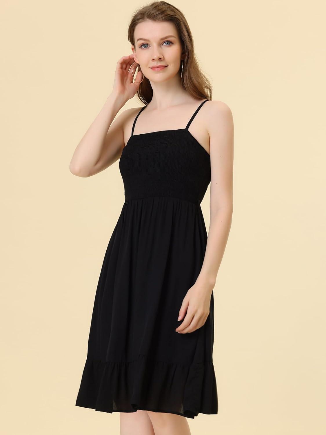 imageAllegra K Summer Boho Dress for Womens Smocked Spaghetti Strap Tie Waist Ruffle Beach Cami DressesBlack