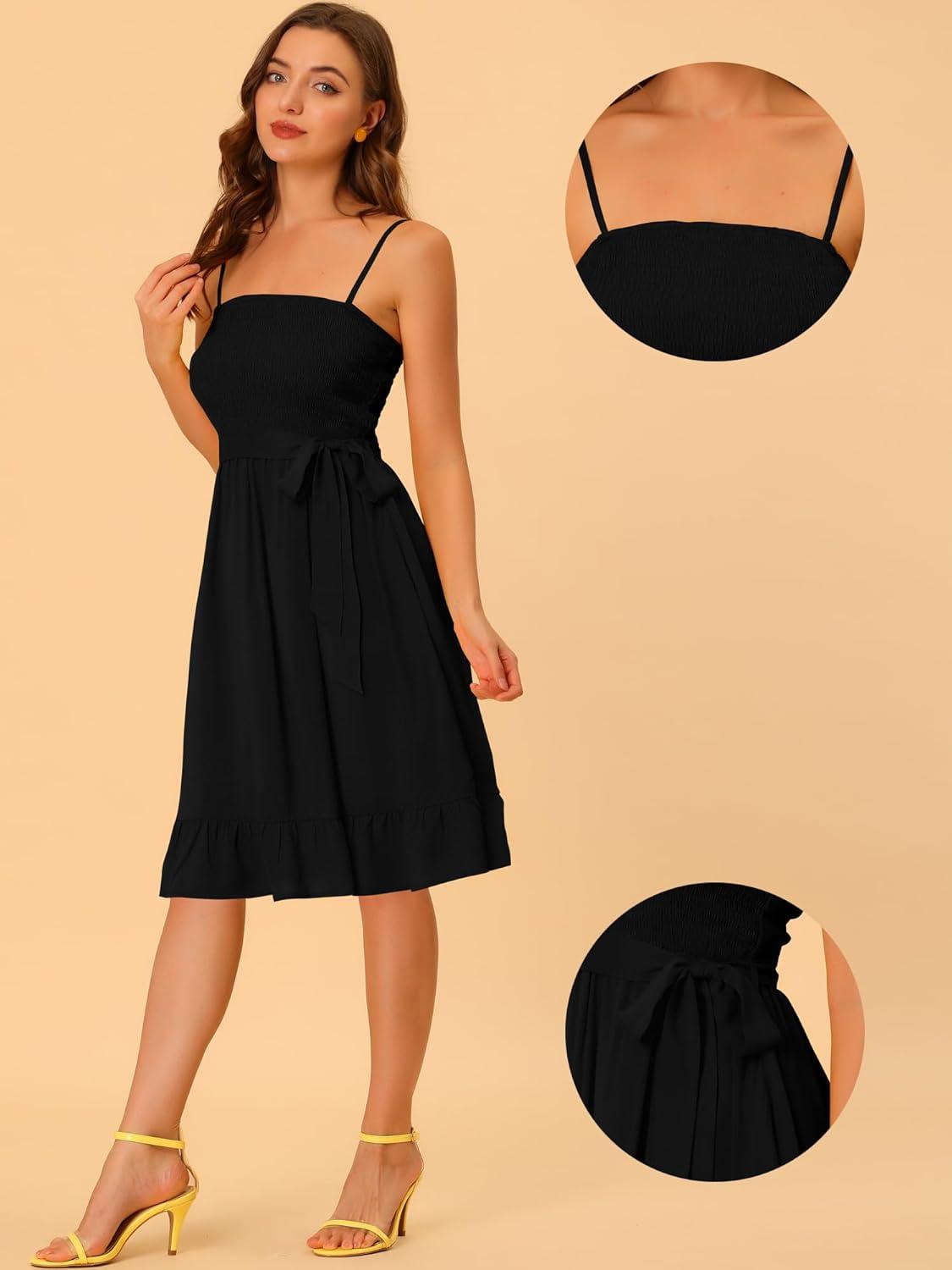 imageAllegra K Summer Boho Dress for Womens Smocked Spaghetti Strap Tie Waist Ruffle Beach Cami DressesBlack