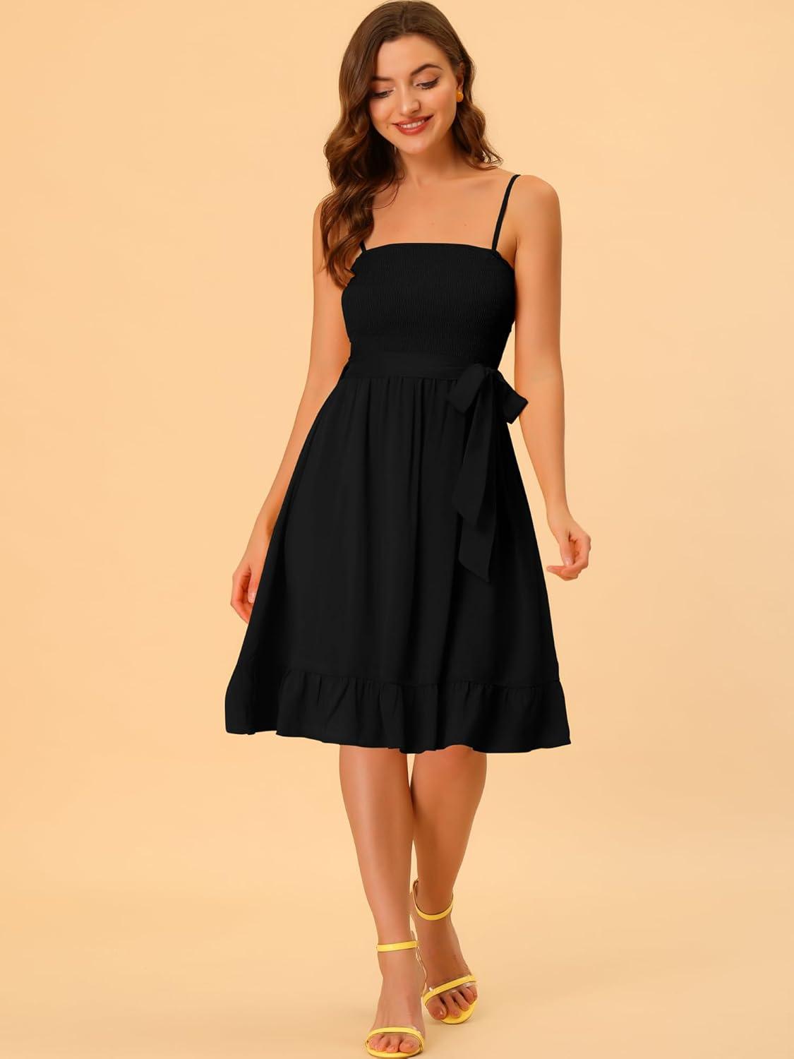 imageAllegra K Summer Boho Dress for Womens Smocked Spaghetti Strap Tie Waist Ruffle Beach Cami DressesBlack