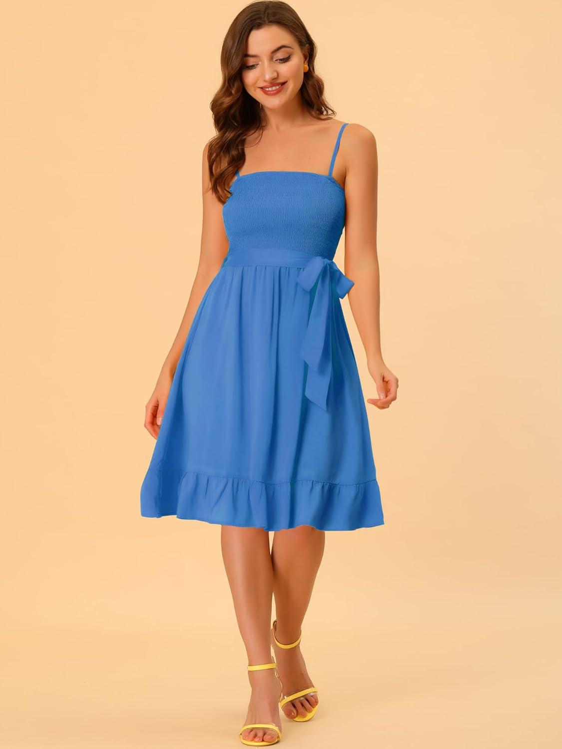 imageAllegra K Summer Boho Dress for Womens Smocked Spaghetti Strap Tie Waist Ruffle Beach Cami DressesBlue