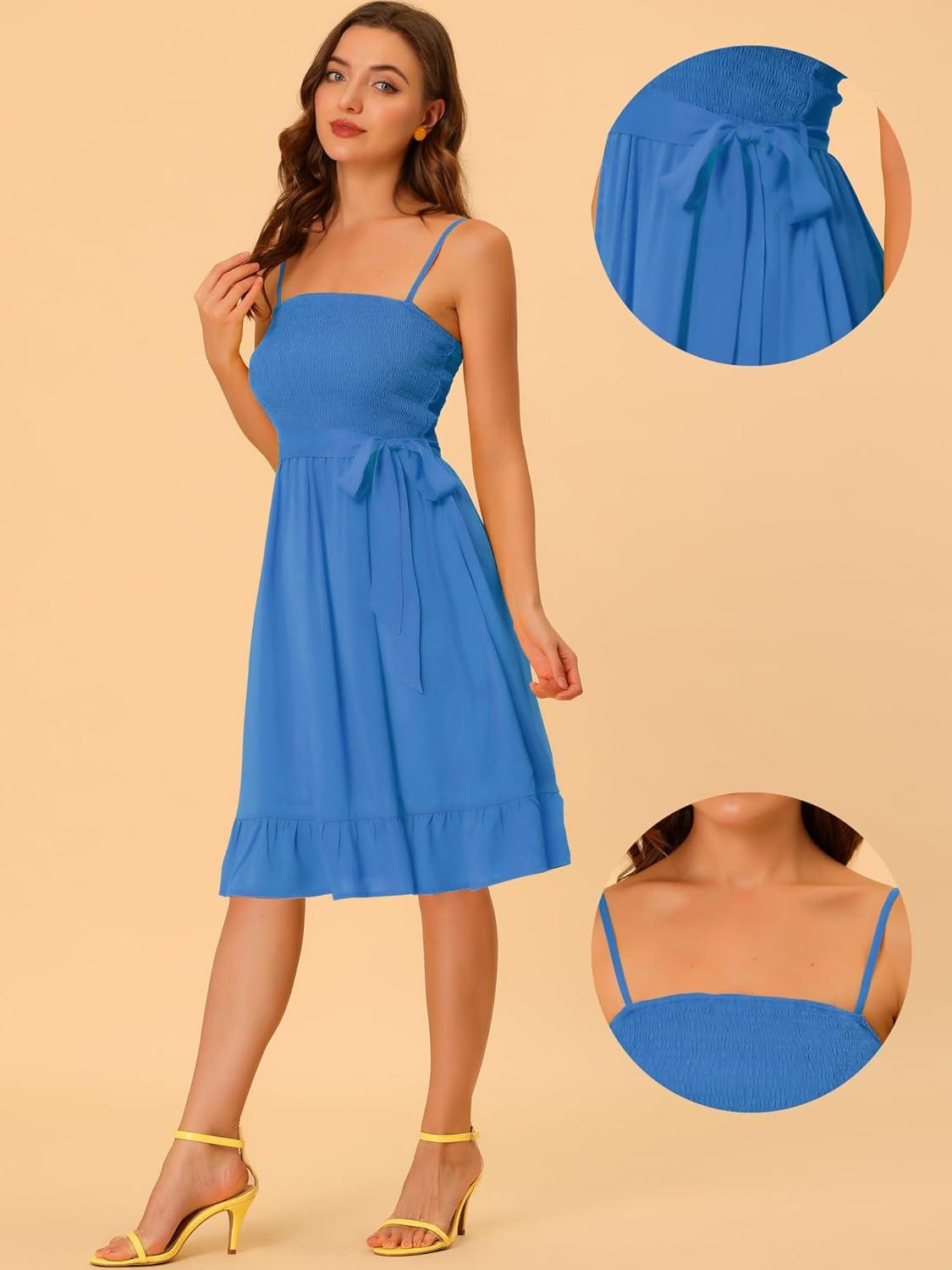 imageAllegra K Summer Boho Dress for Womens Smocked Spaghetti Strap Tie Waist Ruffle Beach Cami DressesBlue
