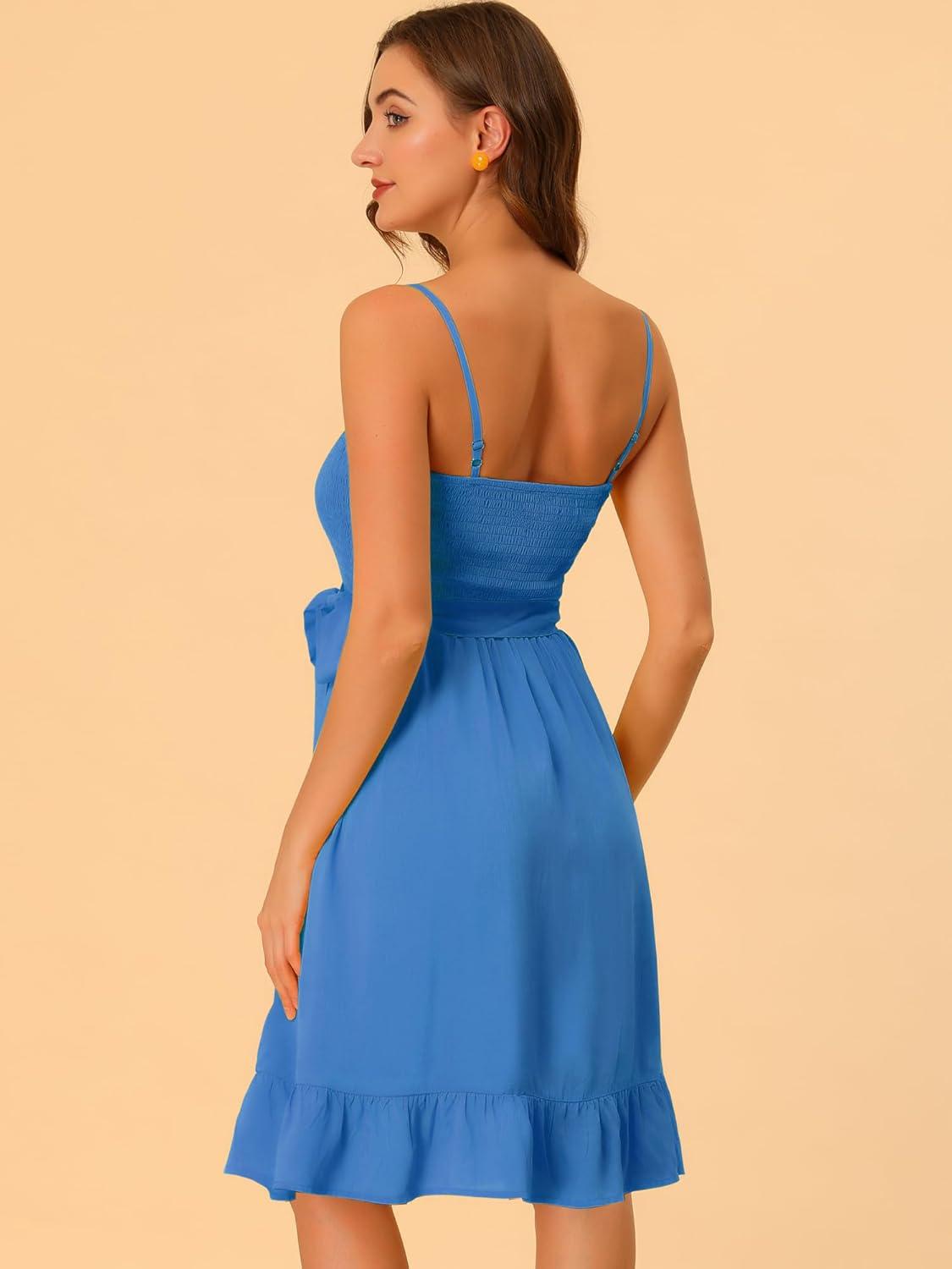 imageAllegra K Summer Boho Dress for Womens Smocked Spaghetti Strap Tie Waist Ruffle Beach Cami DressesBlue