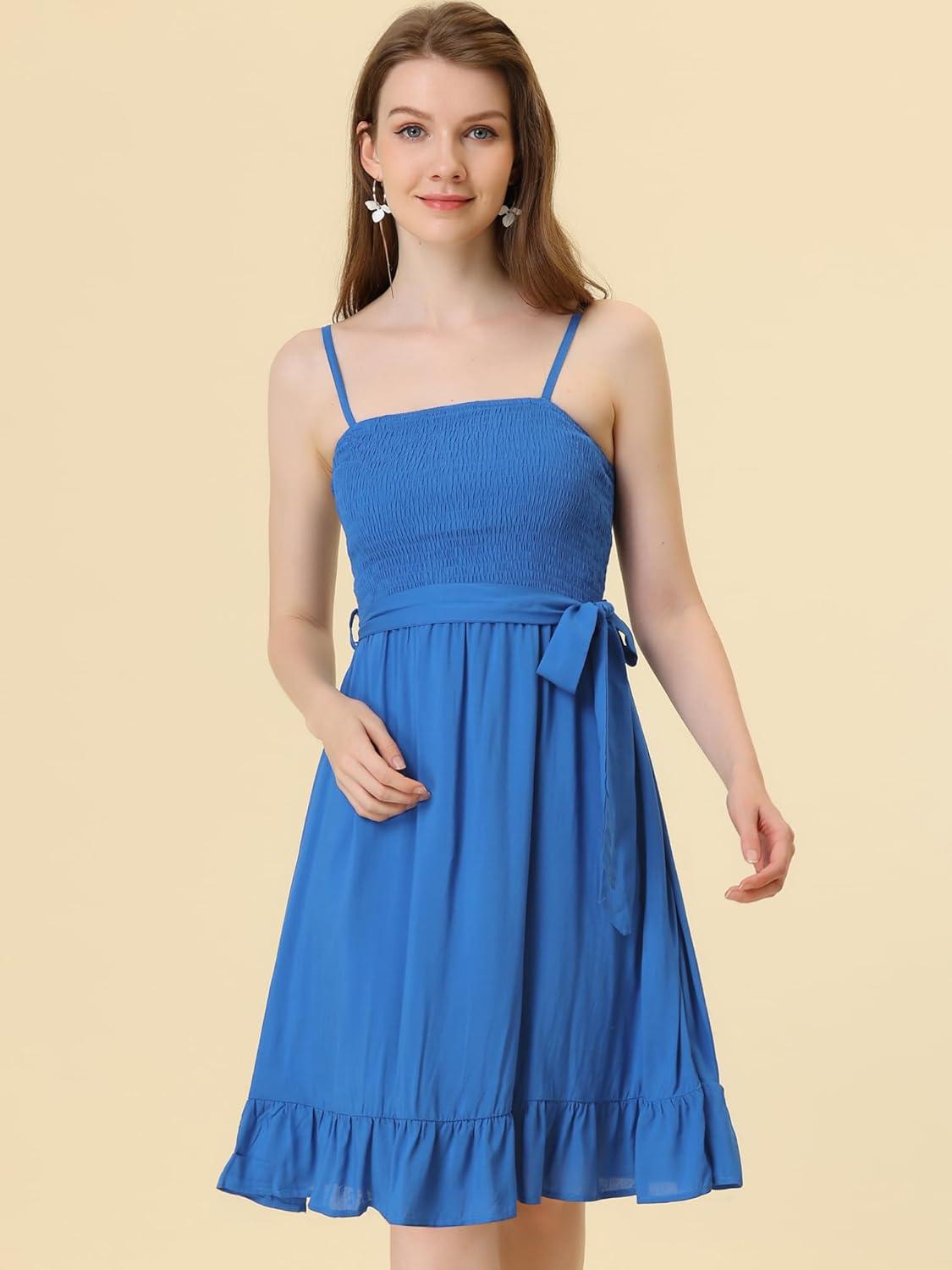 imageAllegra K Summer Boho Dress for Womens Smocked Spaghetti Strap Tie Waist Ruffle Beach Cami DressesBlue