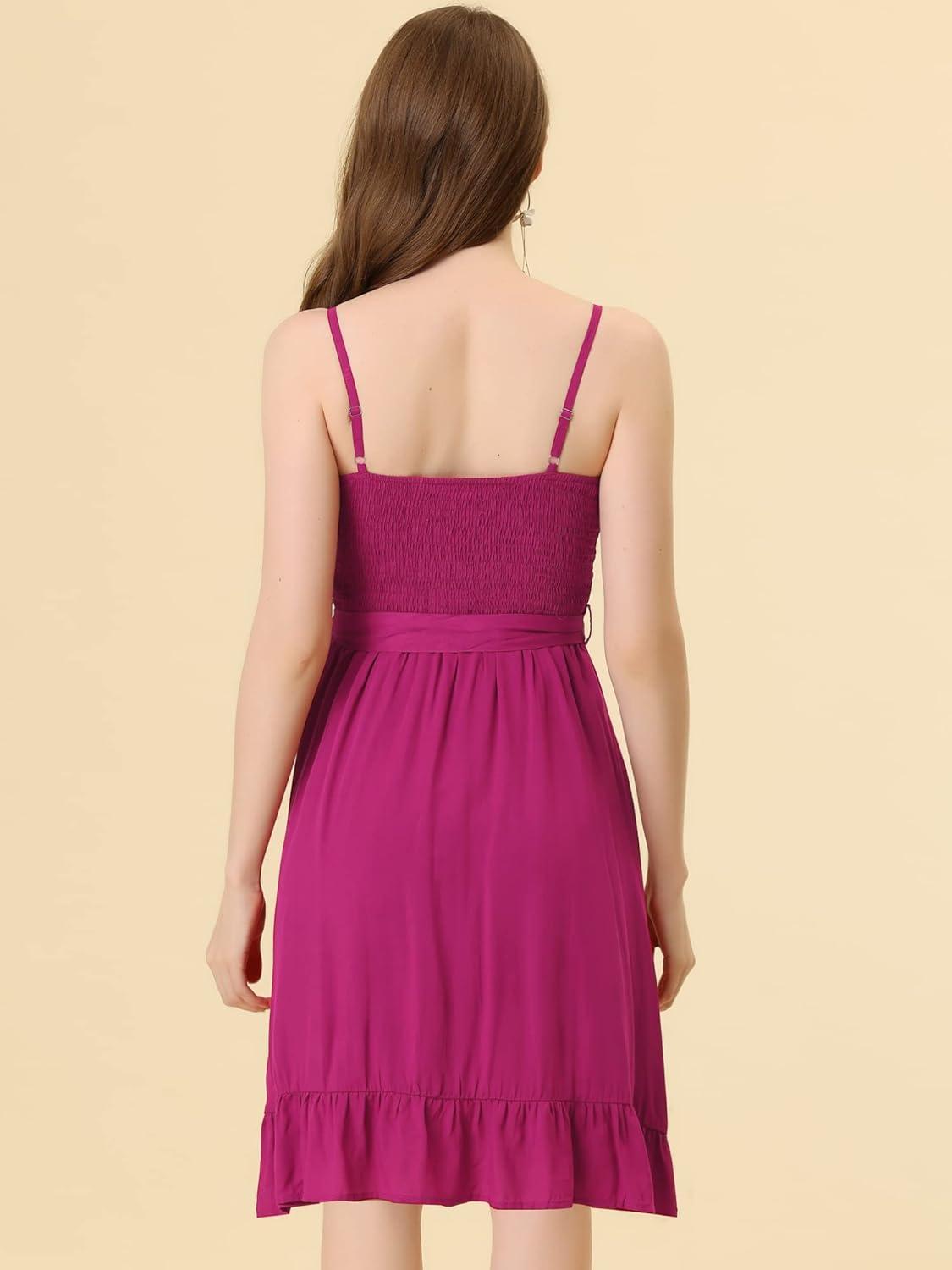 imageAllegra K Summer Boho Dress for Womens Smocked Spaghetti Strap Tie Waist Ruffle Beach Cami DressesFuchsia