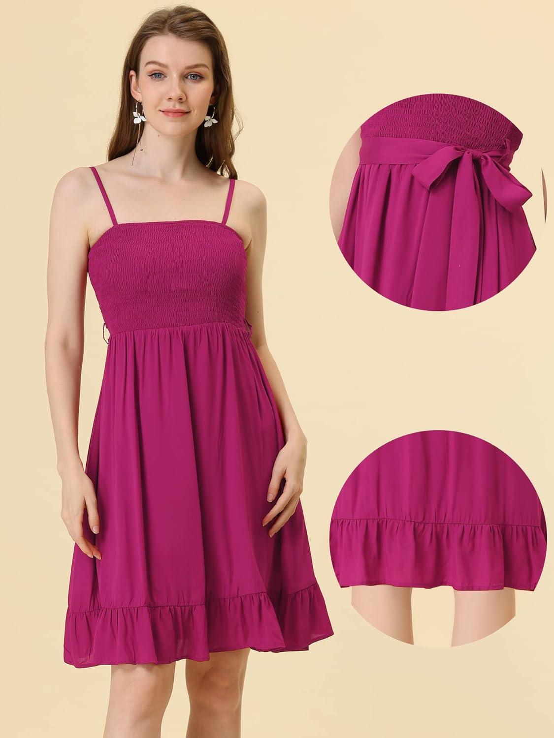 imageAllegra K Summer Boho Dress for Womens Smocked Spaghetti Strap Tie Waist Ruffle Beach Cami DressesFuchsia