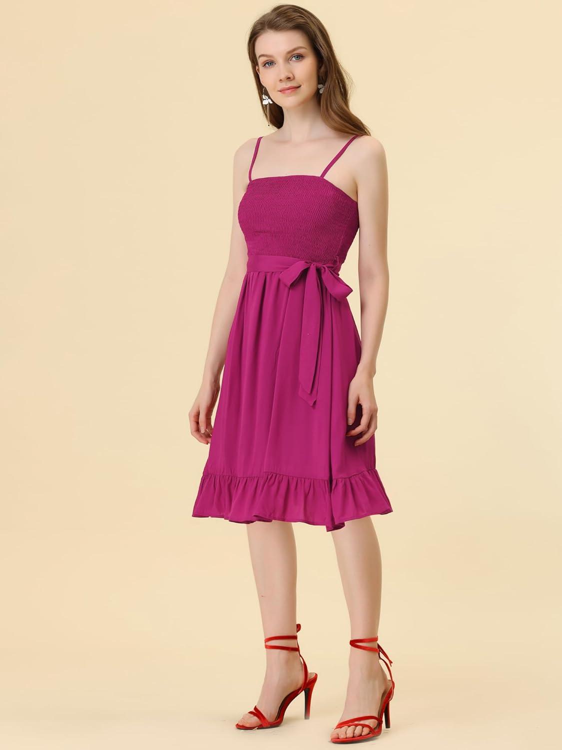 imageAllegra K Summer Boho Dress for Womens Smocked Spaghetti Strap Tie Waist Ruffle Beach Cami DressesFuchsia