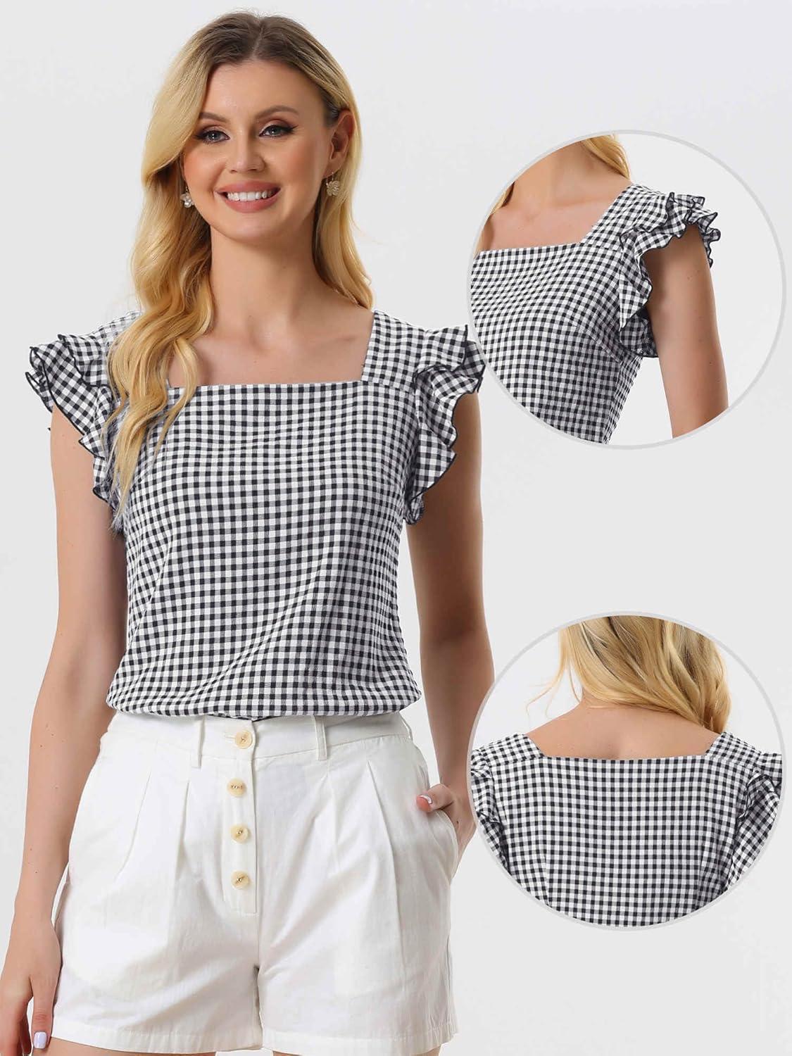 imageAllegra K Summer Gingham Tops for Womens Square Neck Ruffle Cap Sleeve BlousesBlack
