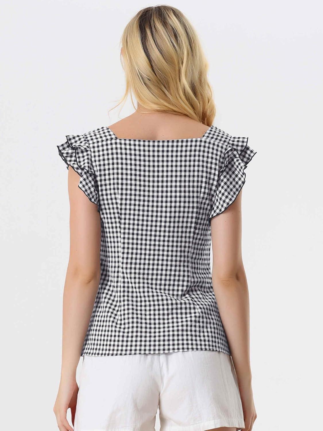 imageAllegra K Summer Gingham Tops for Womens Square Neck Ruffle Cap Sleeve BlousesBlack