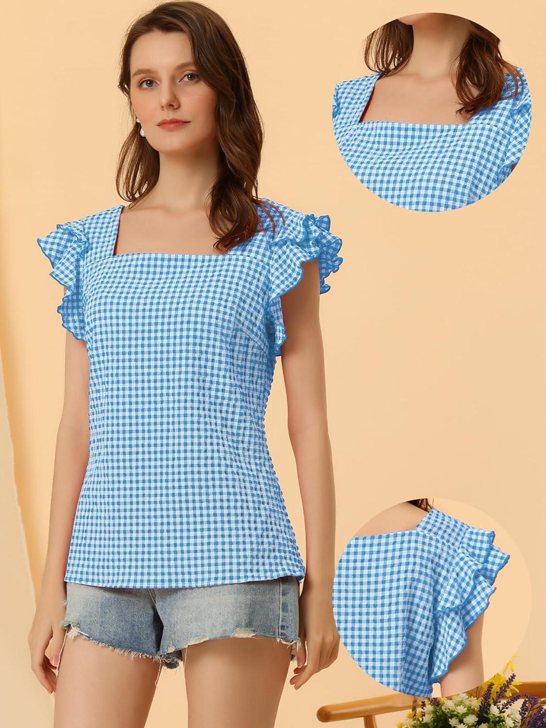 imageAllegra K Summer Gingham Tops for Womens Square Neck Ruffle Cap Sleeve BlousesBlue