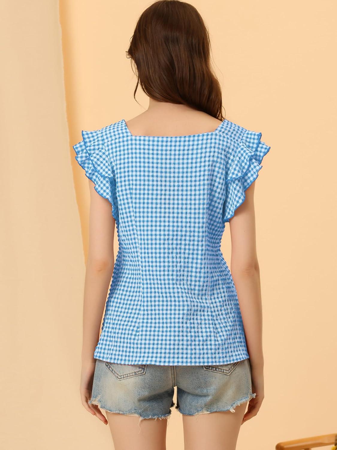 imageAllegra K Summer Gingham Tops for Womens Square Neck Ruffle Cap Sleeve BlousesBlue