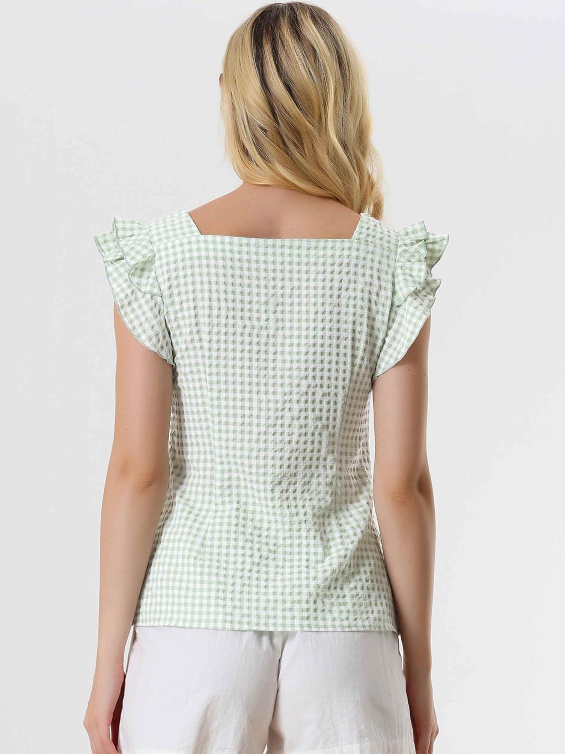 imageAllegra K Summer Gingham Tops for Womens Square Neck Ruffle Cap Sleeve BlousesGreen
