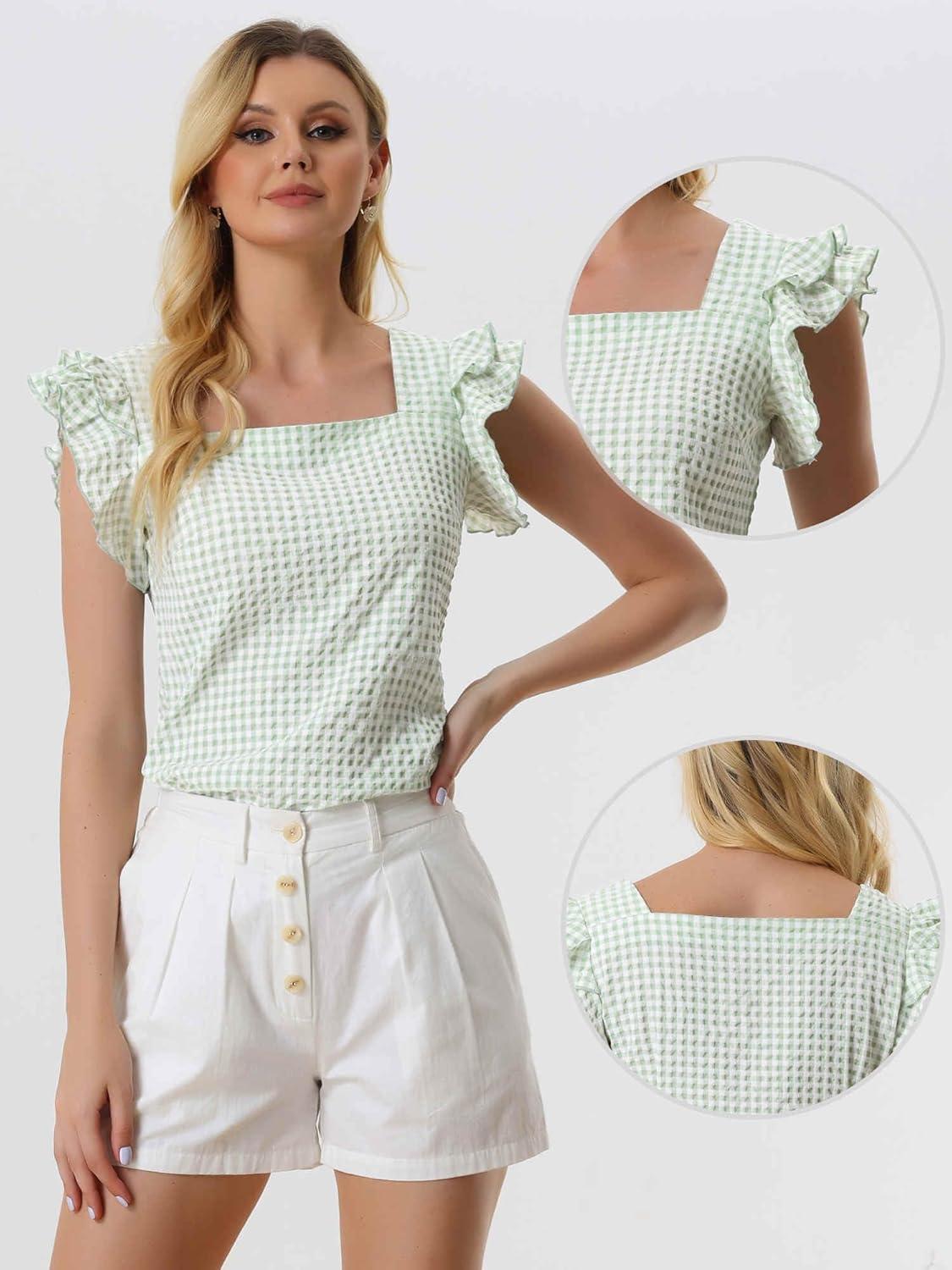 imageAllegra K Summer Gingham Tops for Womens Square Neck Ruffle Cap Sleeve BlousesGreen