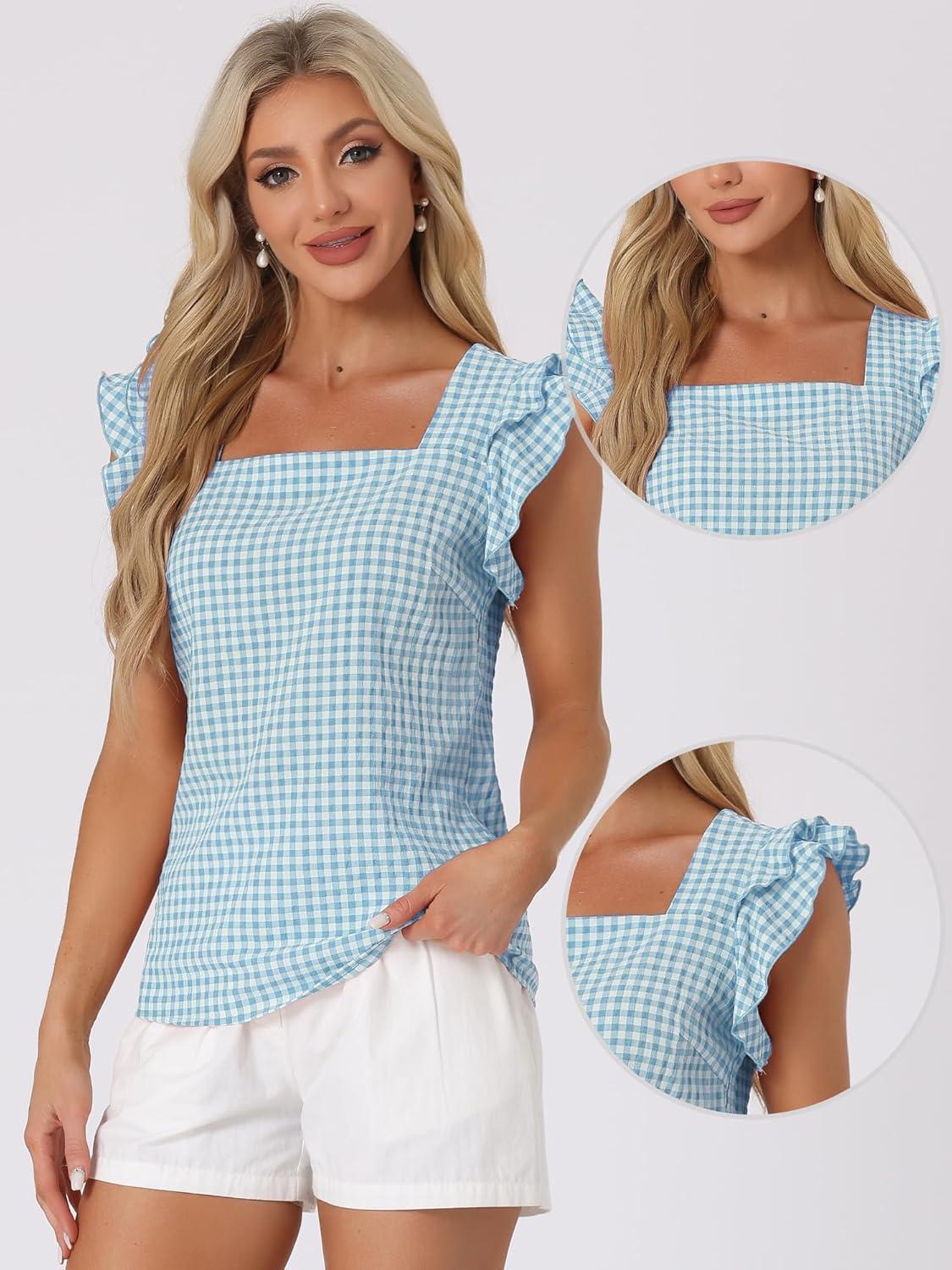 imageAllegra K Summer Gingham Tops for Womens Square Neck Ruffle Cap Sleeve BlousesLake Blue