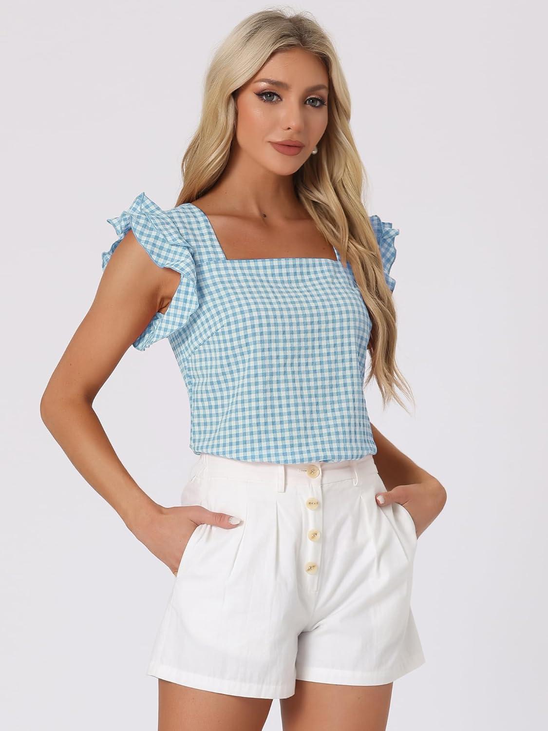 imageAllegra K Summer Gingham Tops for Womens Square Neck Ruffle Cap Sleeve BlousesLake Blue