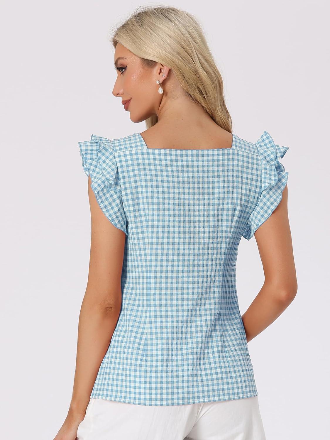 imageAllegra K Summer Gingham Tops for Womens Square Neck Ruffle Cap Sleeve BlousesLake Blue