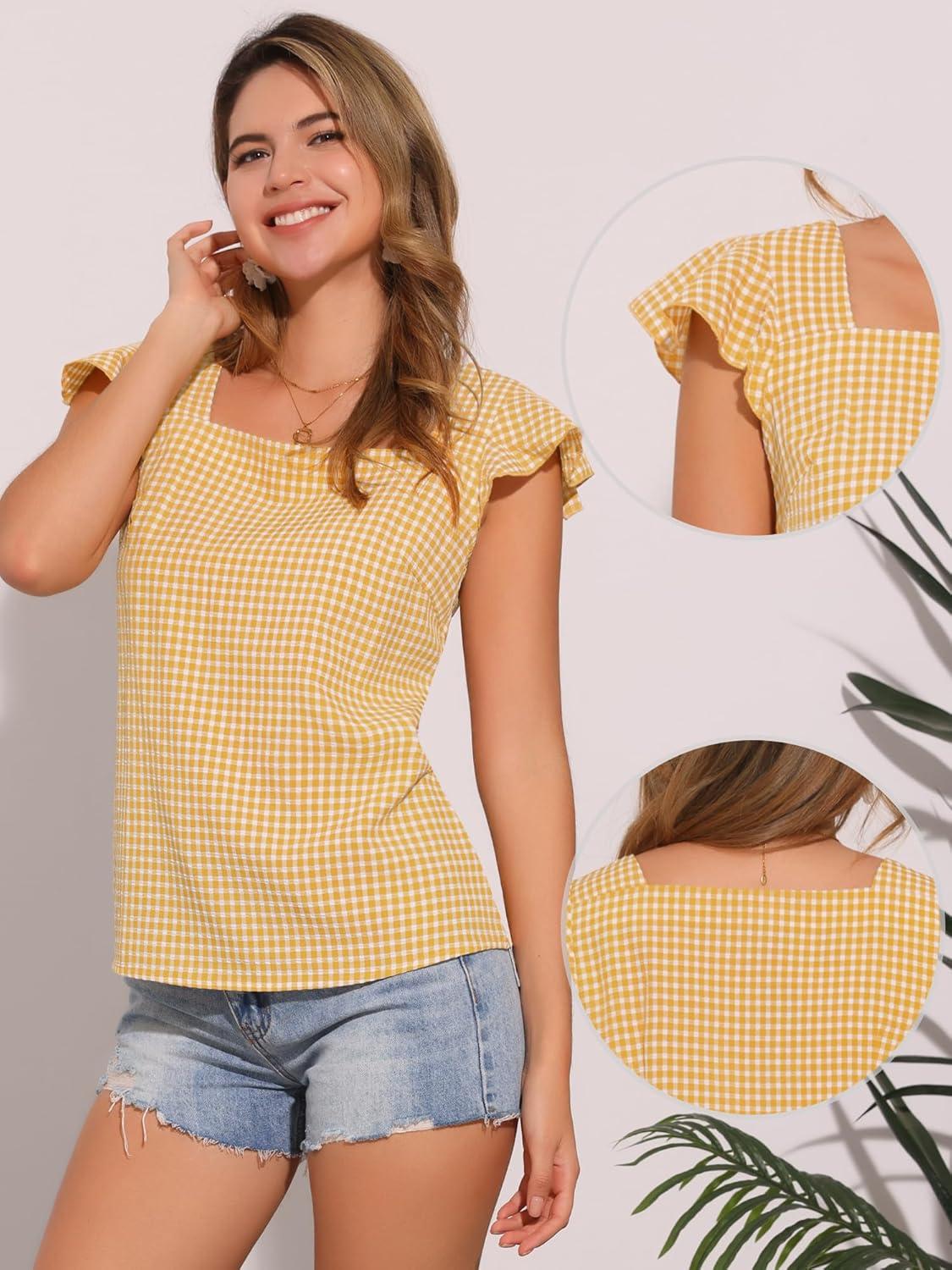 imageAllegra K Summer Gingham Tops for Womens Square Neck Ruffle Cap Sleeve BlousesLight Yellow