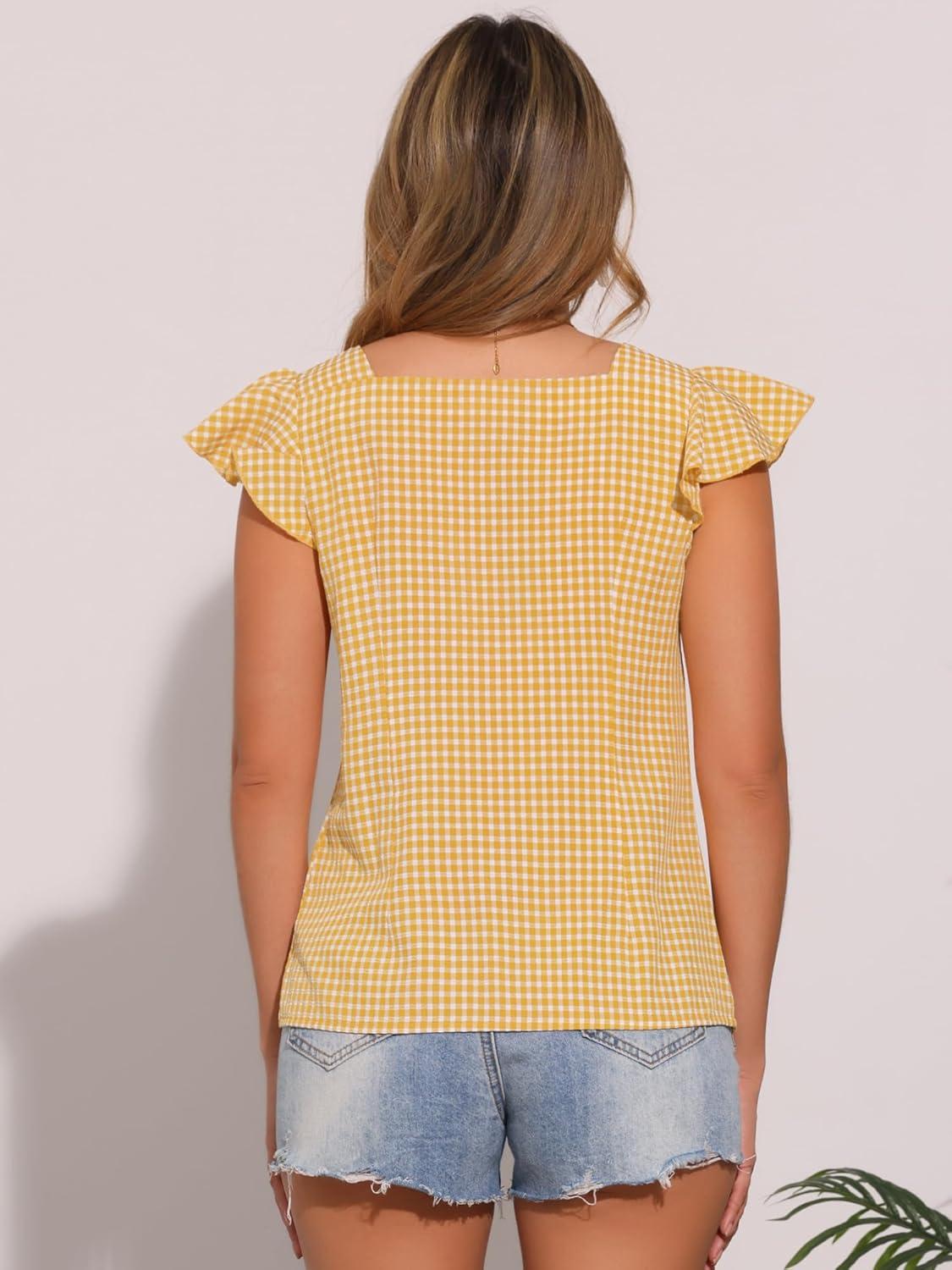 imageAllegra K Summer Gingham Tops for Womens Square Neck Ruffle Cap Sleeve BlousesLight Yellow