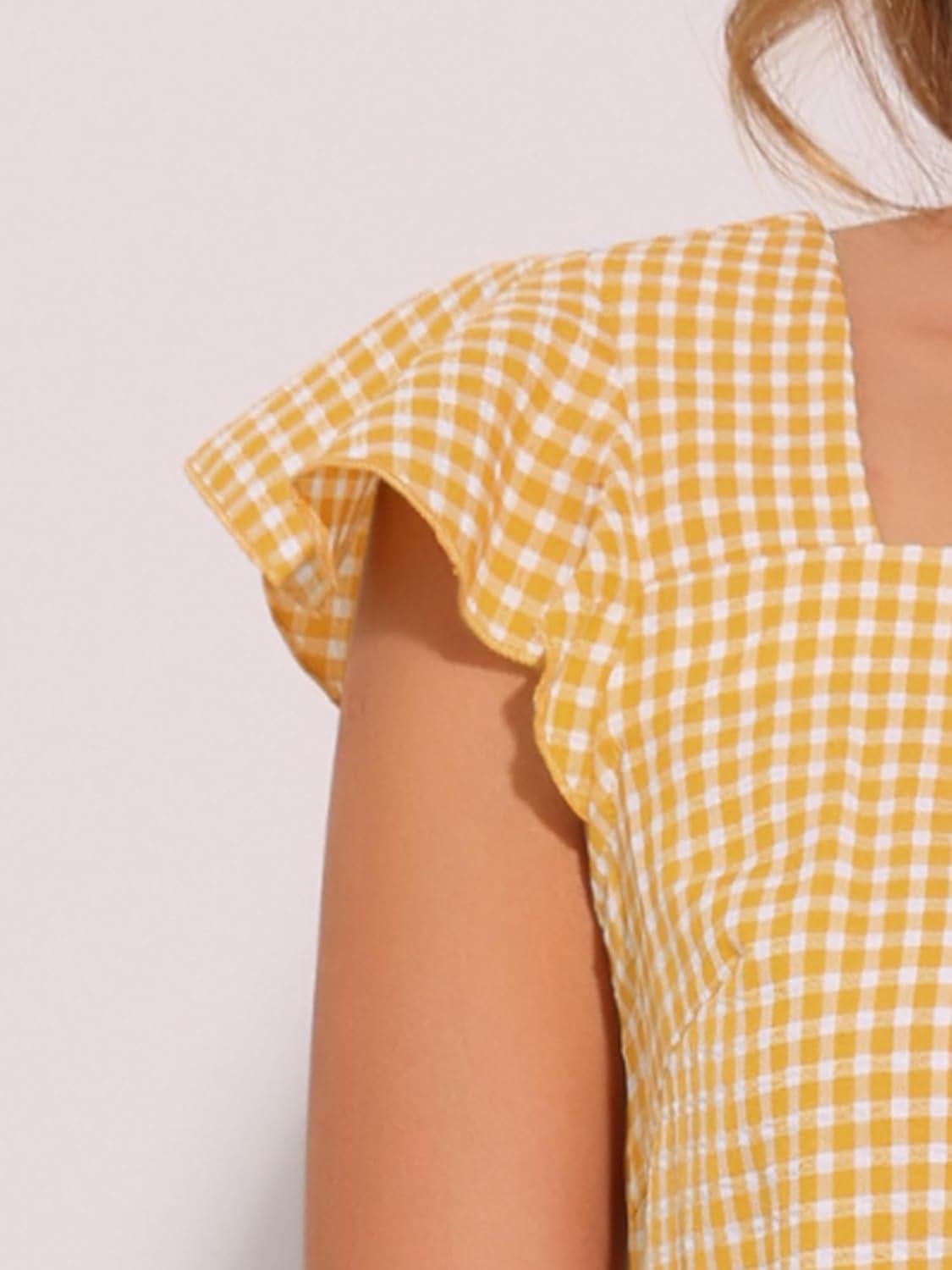 imageAllegra K Summer Gingham Tops for Womens Square Neck Ruffle Cap Sleeve BlousesLight Yellow