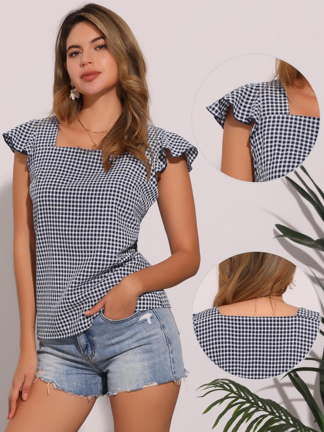 imageAllegra K Summer Gingham Tops for Womens Square Neck Ruffle Cap Sleeve BlousesNavy Blue
