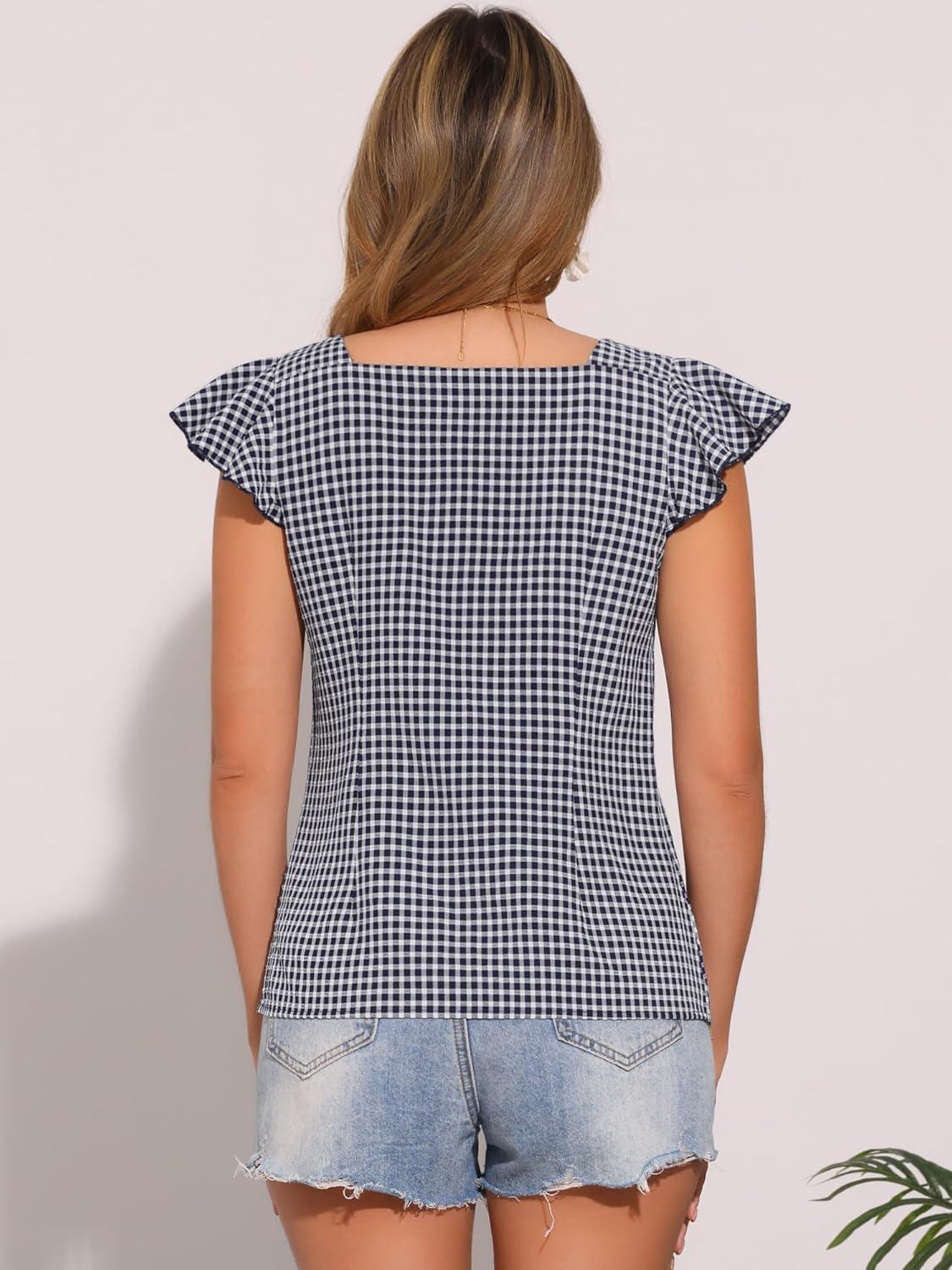 imageAllegra K Summer Gingham Tops for Womens Square Neck Ruffle Cap Sleeve BlousesNavy Blue