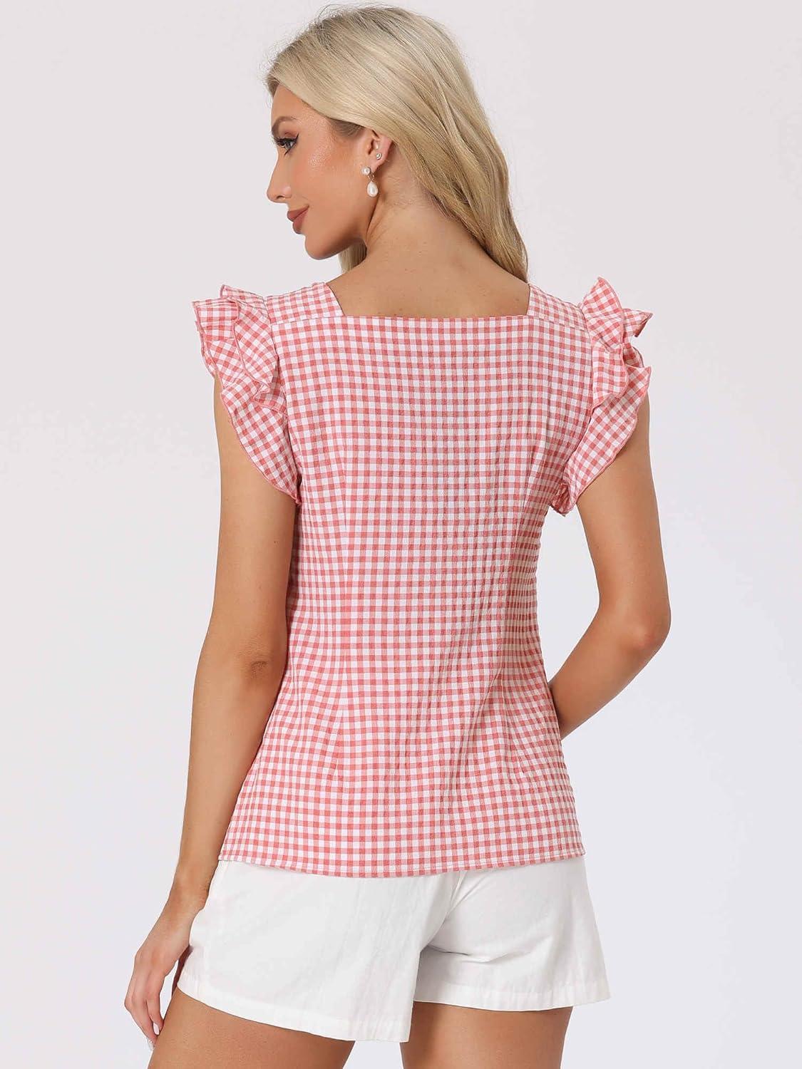 imageAllegra K Summer Gingham Tops for Womens Square Neck Ruffle Cap Sleeve BlousesPink