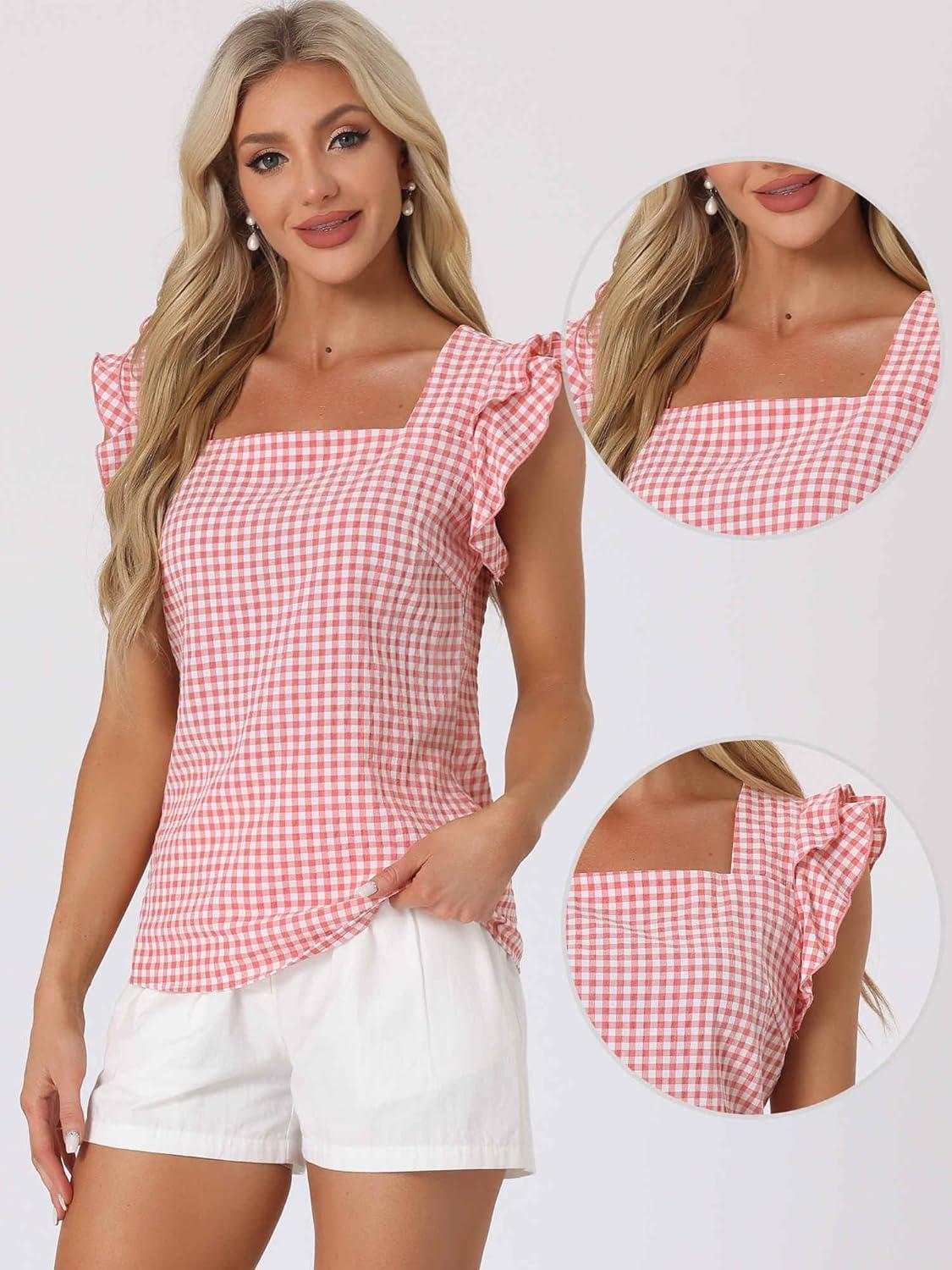 imageAllegra K Summer Gingham Tops for Womens Square Neck Ruffle Cap Sleeve BlousesPink