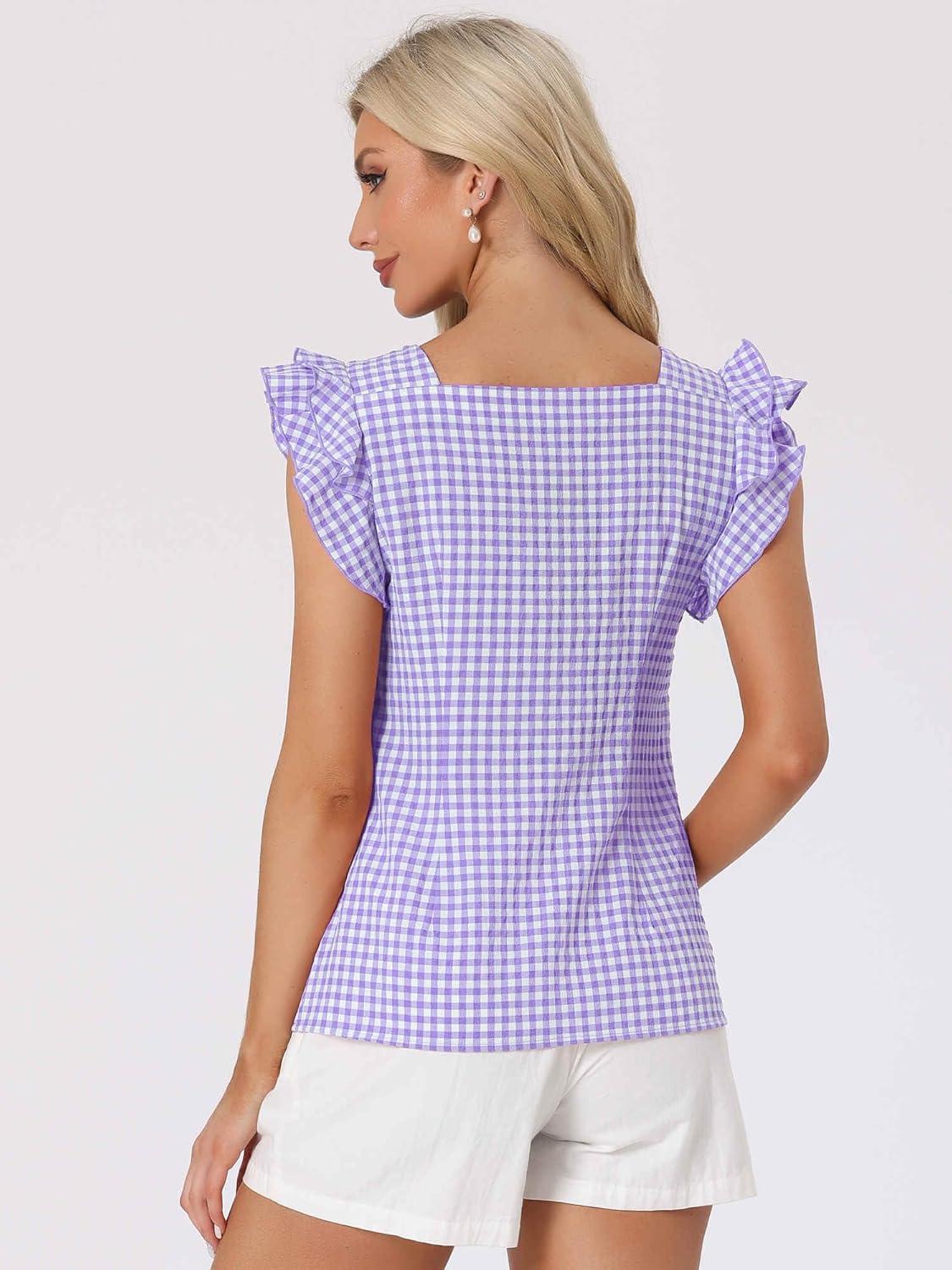imageAllegra K Summer Gingham Tops for Womens Square Neck Ruffle Cap Sleeve BlousesPurple