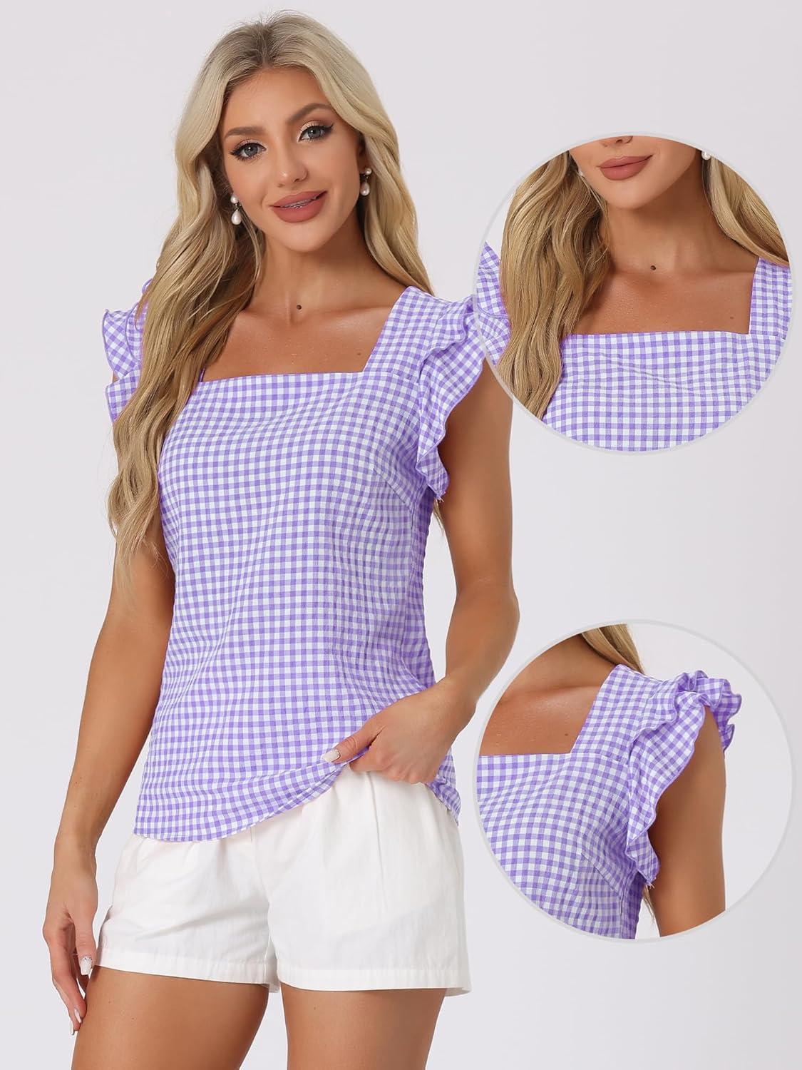 imageAllegra K Summer Gingham Tops for Womens Square Neck Ruffle Cap Sleeve BlousesPurple