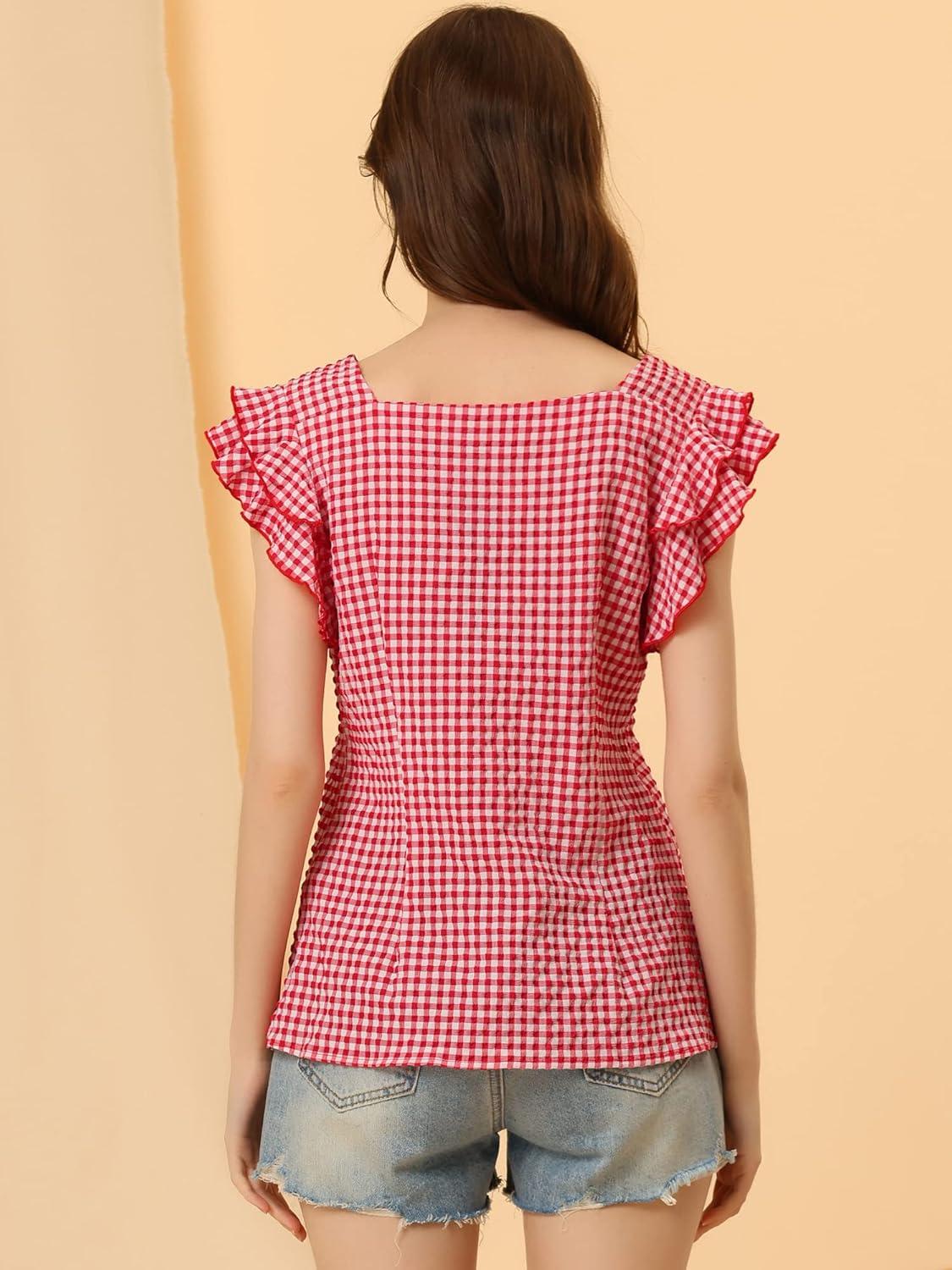imageAllegra K Summer Gingham Tops for Womens Square Neck Ruffle Cap Sleeve BlousesRed