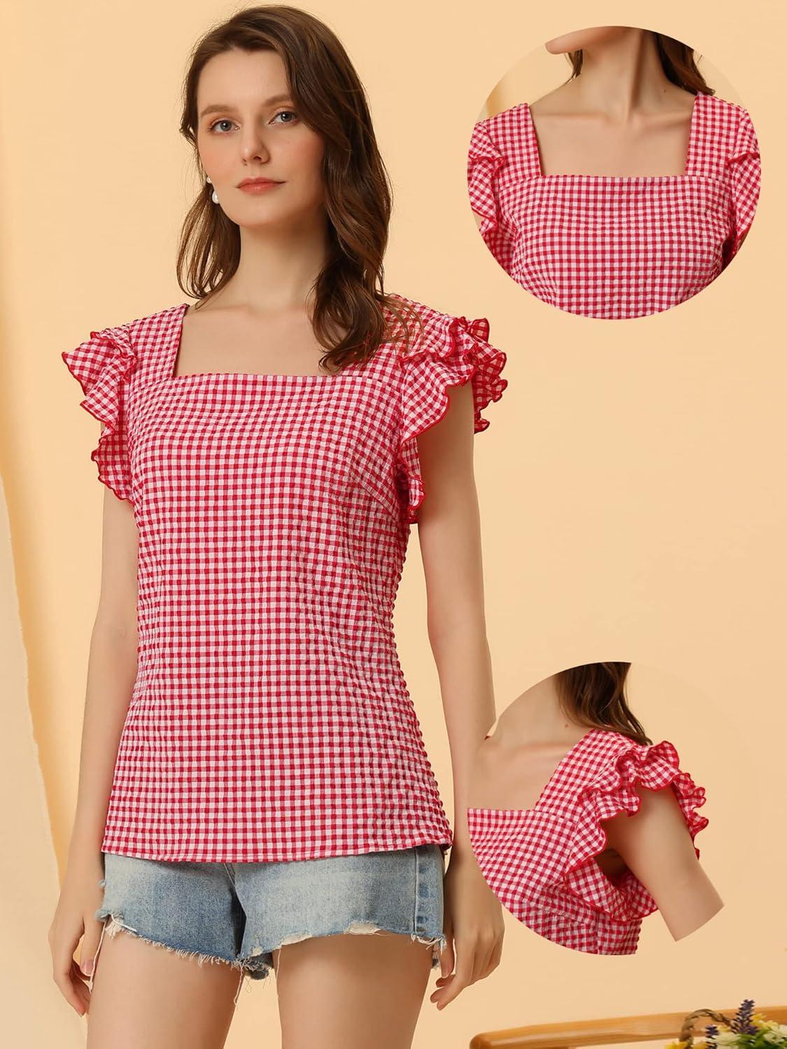 imageAllegra K Summer Gingham Tops for Womens Square Neck Ruffle Cap Sleeve BlousesRed