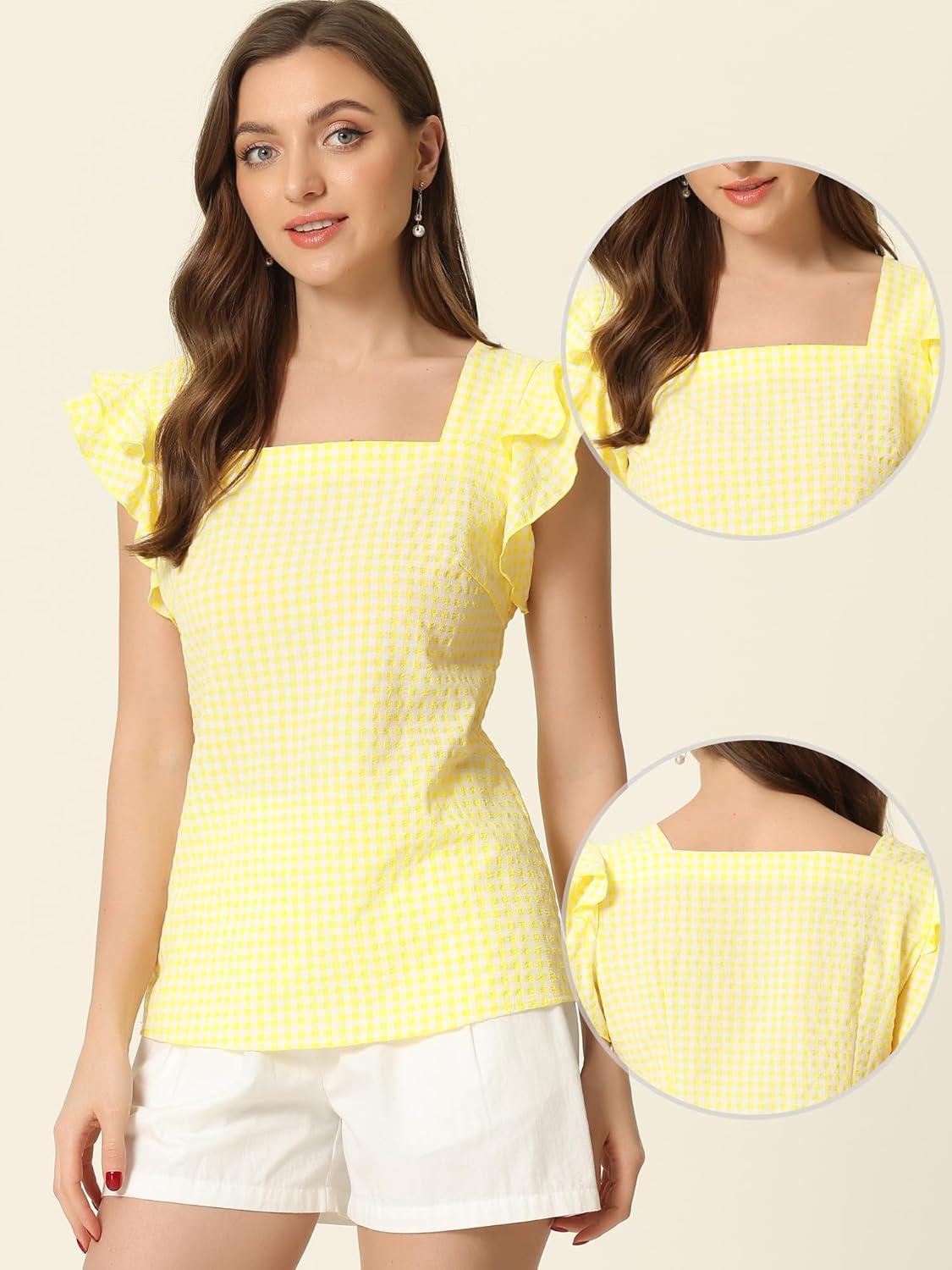 imageAllegra K Summer Gingham Tops for Womens Square Neck Ruffle Cap Sleeve BlousesYellow