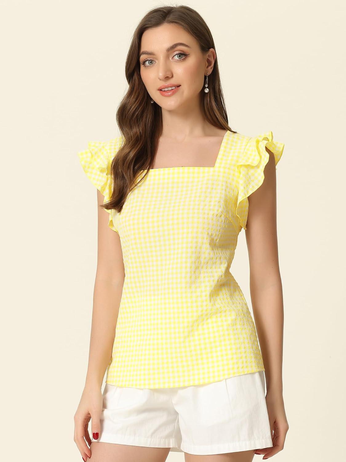 imageAllegra K Summer Gingham Tops for Womens Square Neck Ruffle Cap Sleeve BlousesYellow