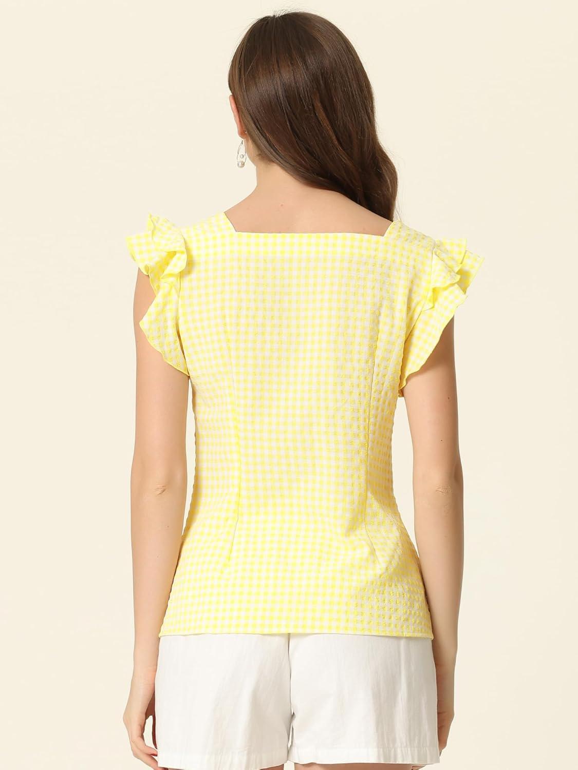 imageAllegra K Summer Gingham Tops for Womens Square Neck Ruffle Cap Sleeve BlousesYellow
