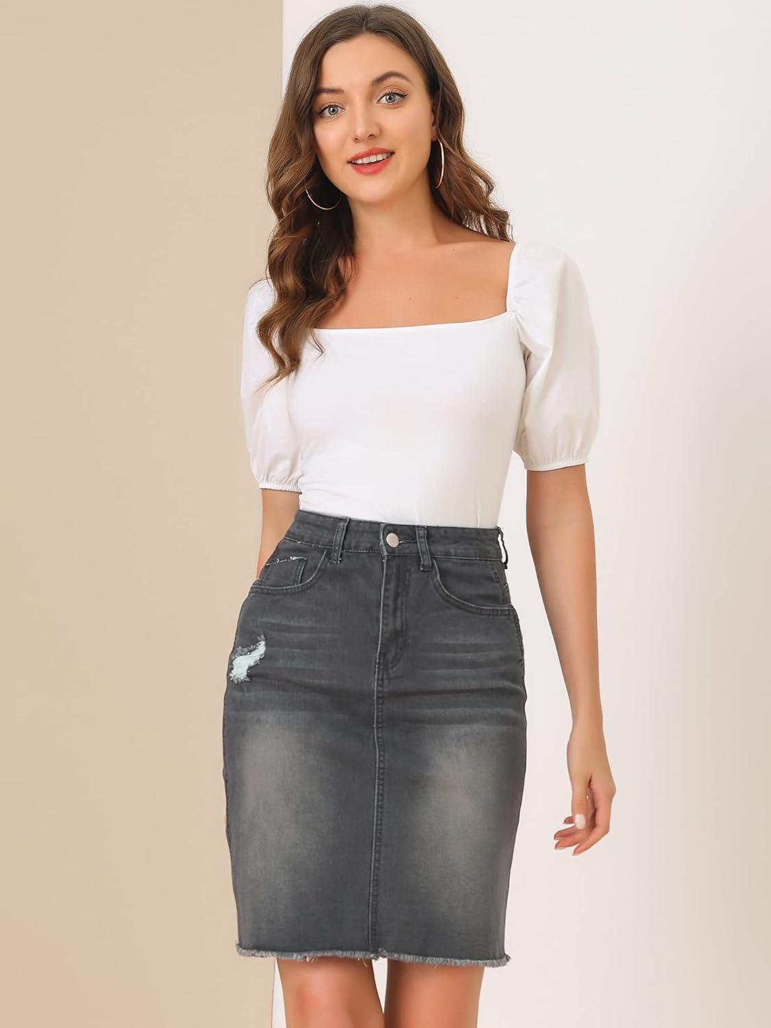 imageAllegra K Womens Basic Distressed High Waist Ripped Hem Washed Jeans Denim SkirtBlack