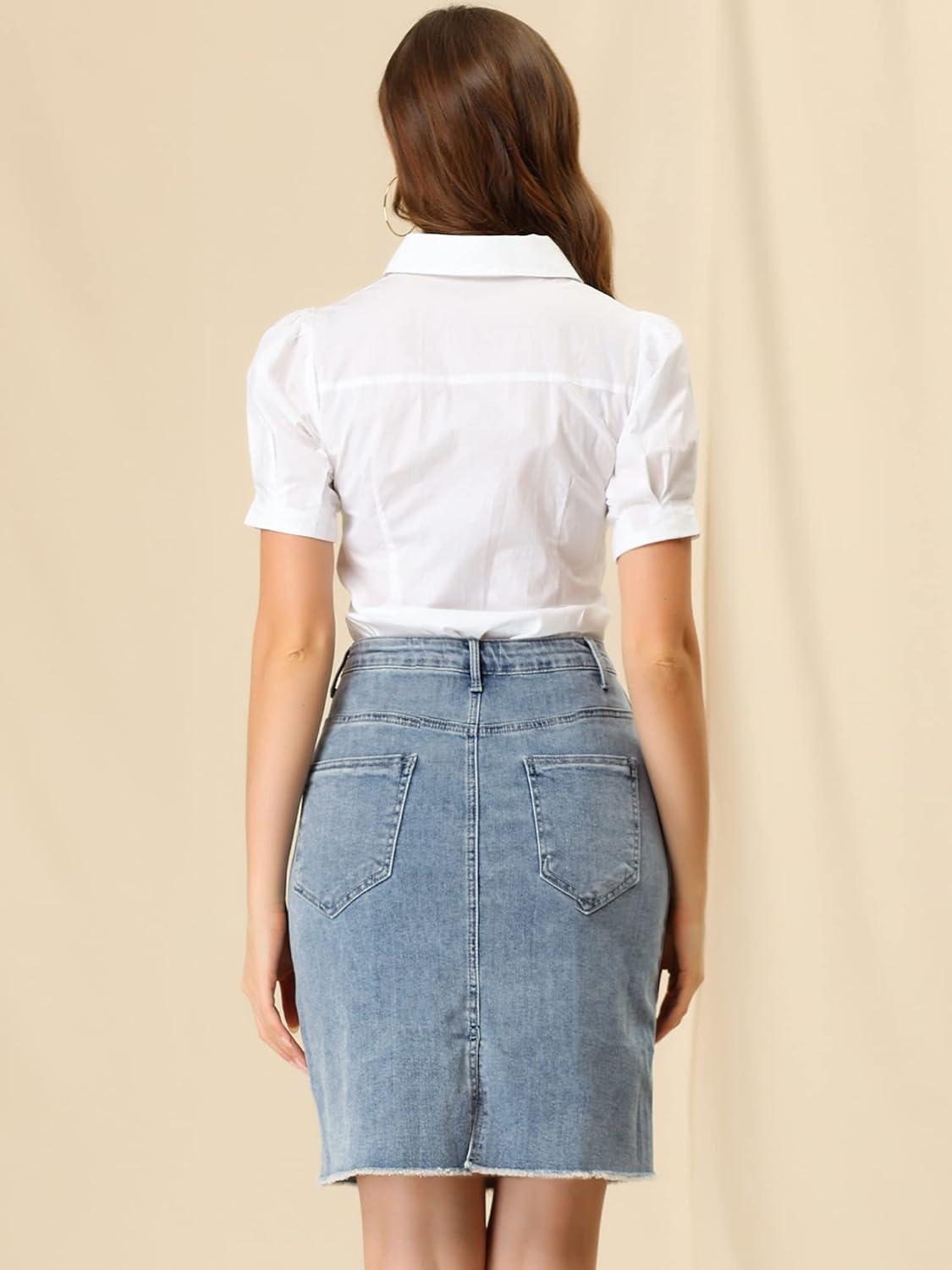 imageAllegra K Womens Basic Distressed High Waist Ripped Hem Washed Jeans Denim SkirtBlue