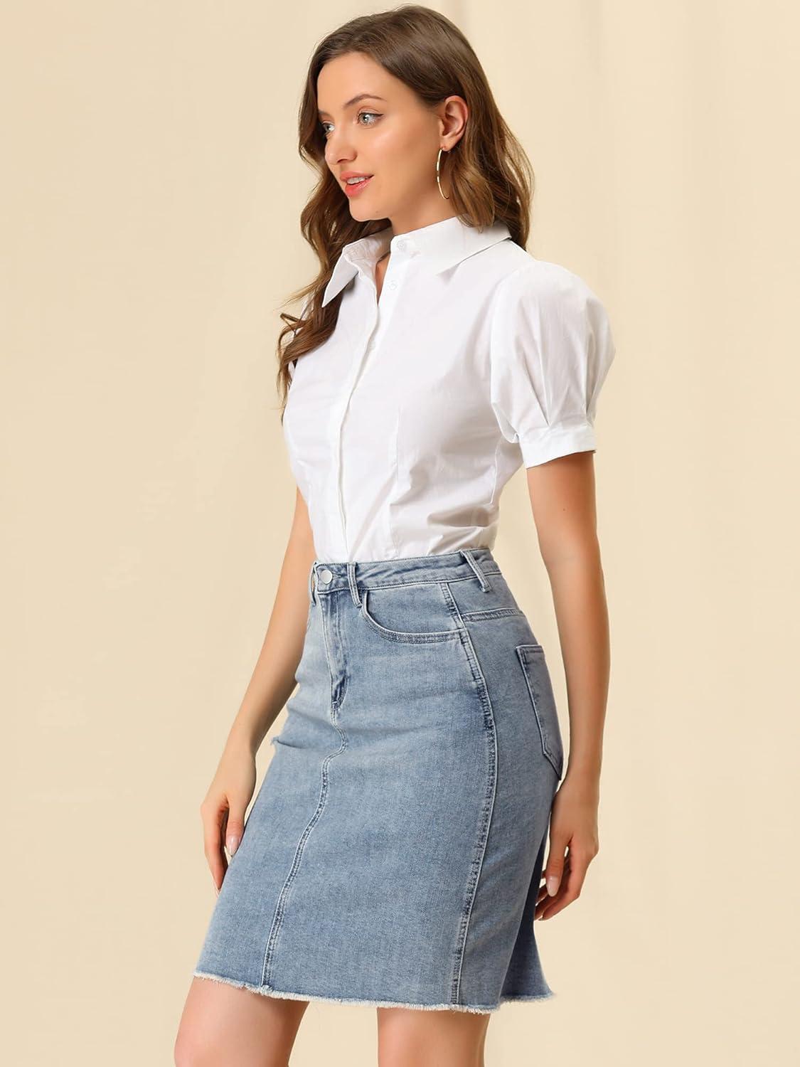 imageAllegra K Womens Basic Distressed High Waist Ripped Hem Washed Jeans Denim SkirtBlue